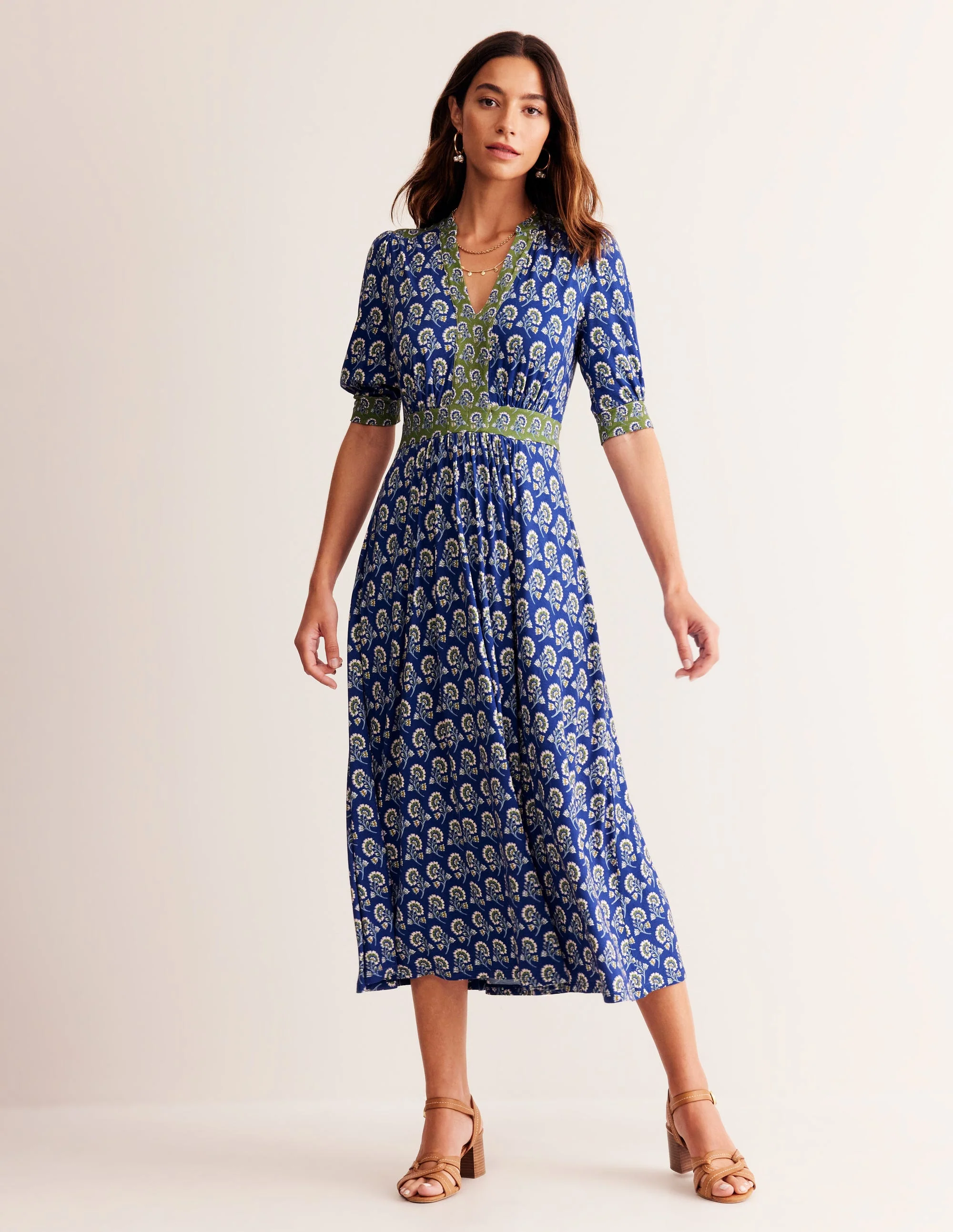 Lily Jersey Midi Tea Dress-Sapphire Blue, Azalea Sprig - Image 2