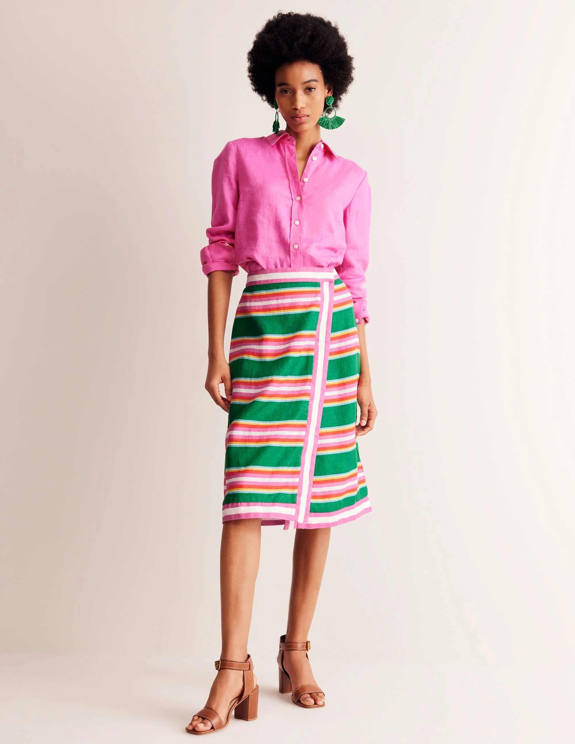 Linen Border Wrap Skirt-Green Tambourine, Pink Stripe