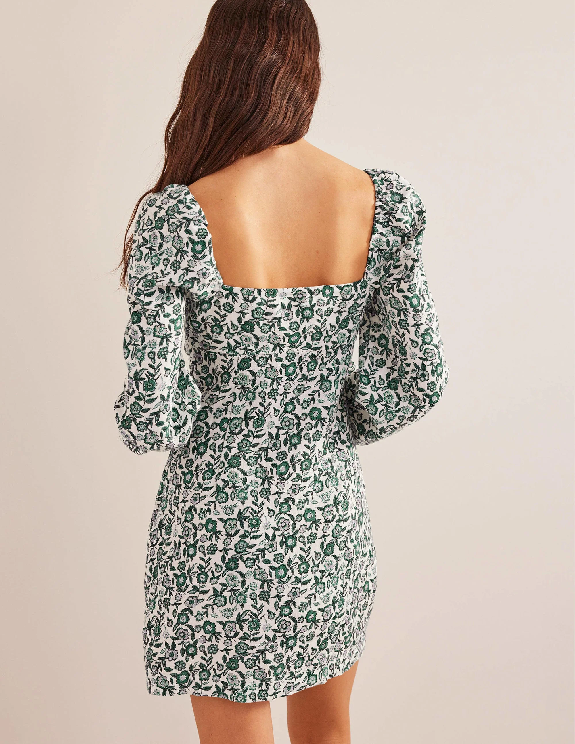 Linen Mini Shift Dress-Bottle Green, Pansy Bloom - Image 3
