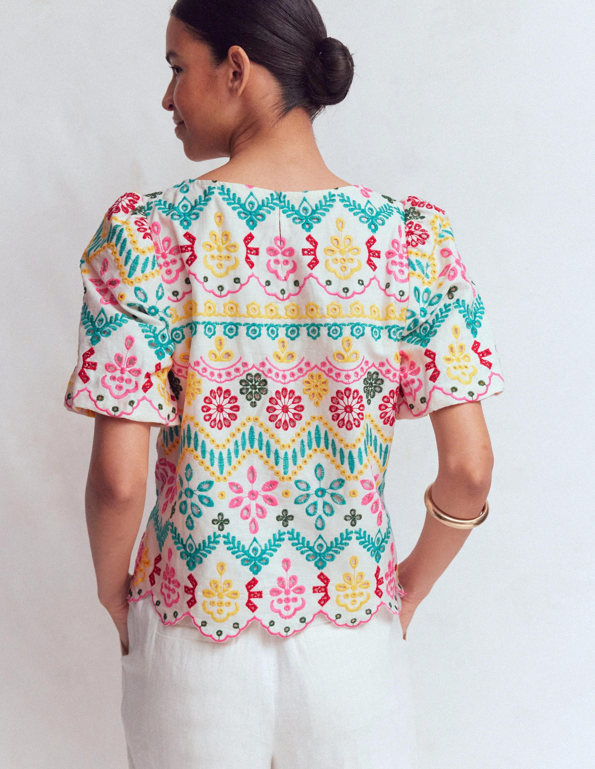 Linen Puff Sleeve Top-Multi Broderie - Image 3