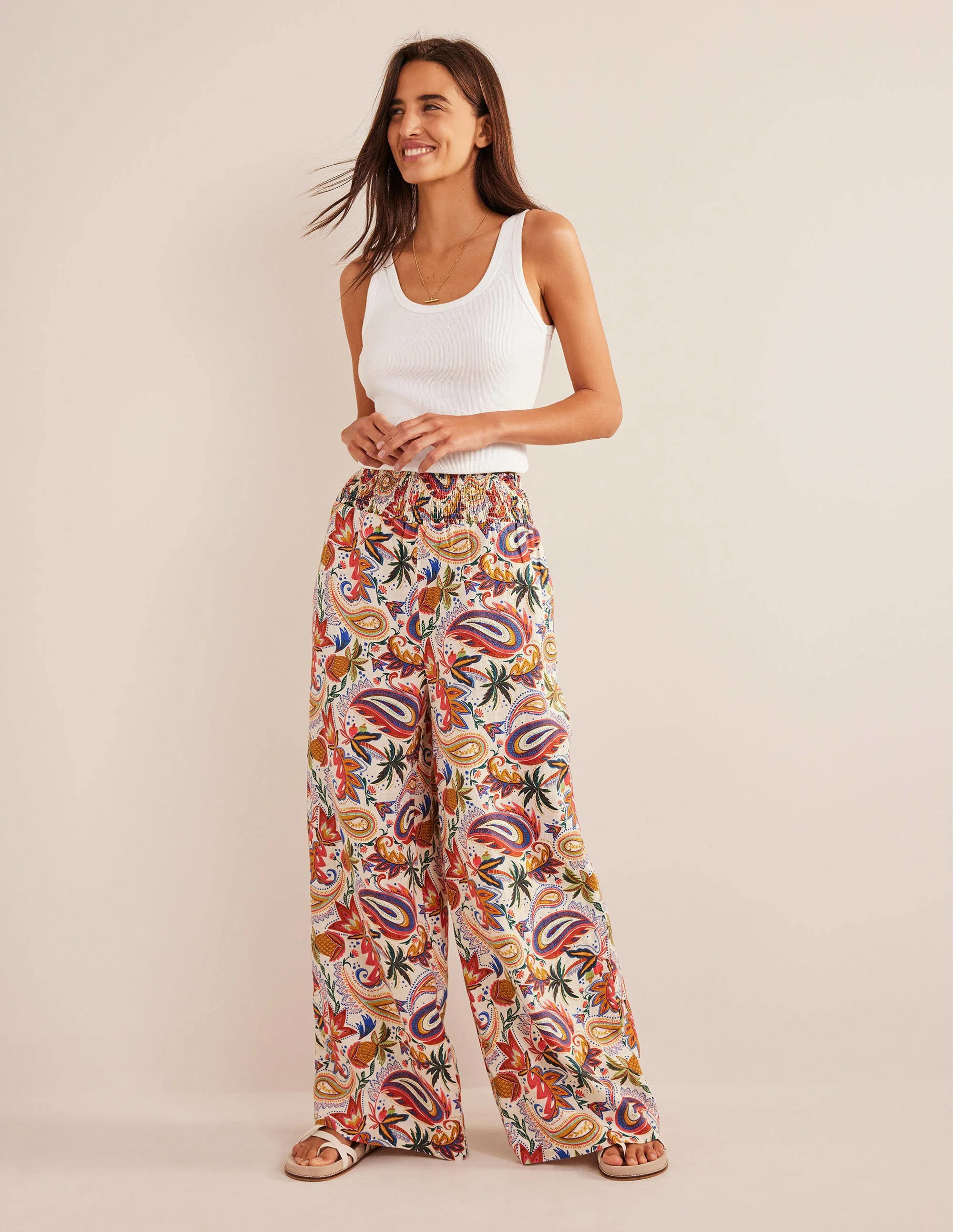 Linen Shirred Waist Trousers-Multi, Paradise Paisley