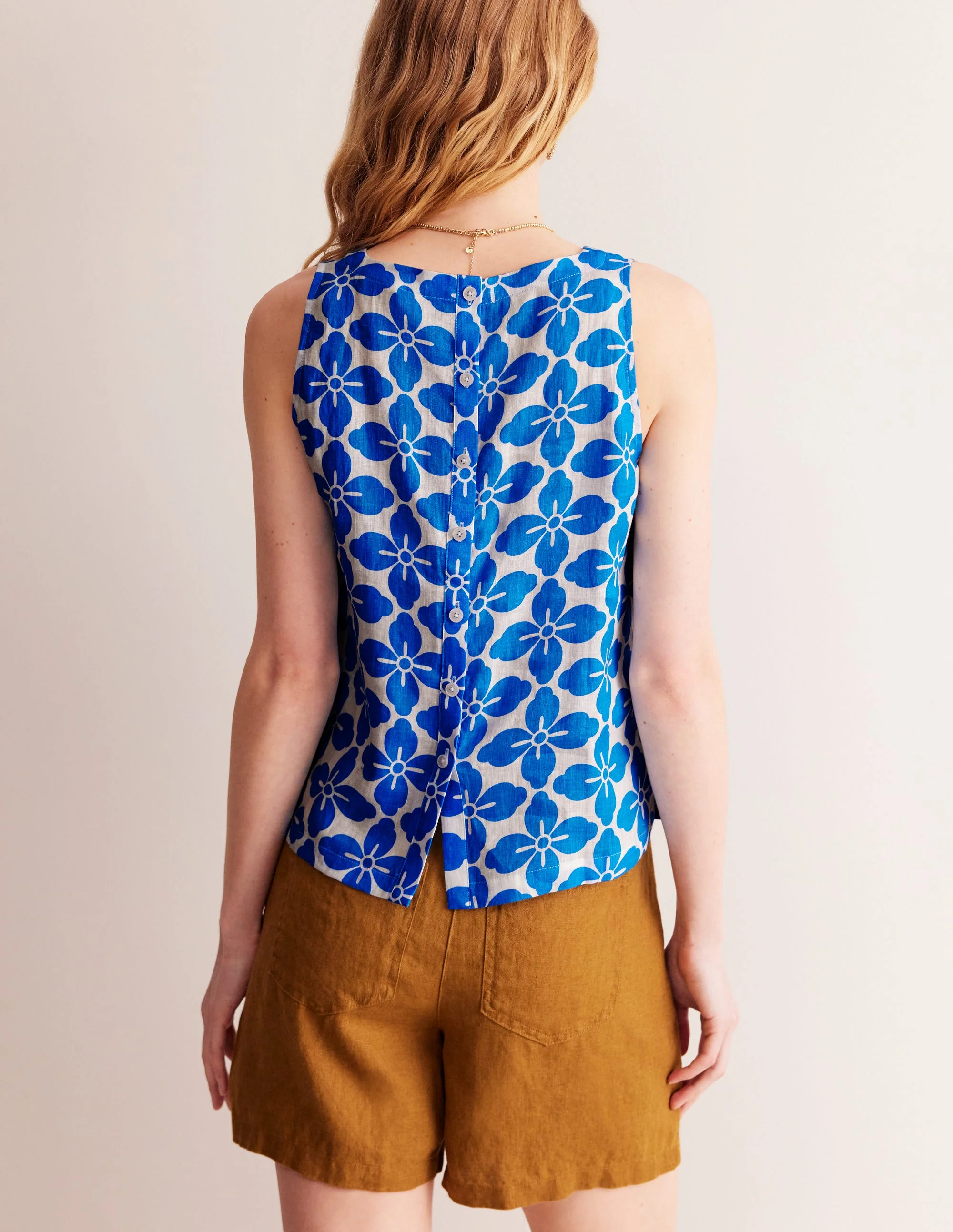 Linen Sleeveless Shell Top-Cerulean Blue, Floral Tile - Image 3