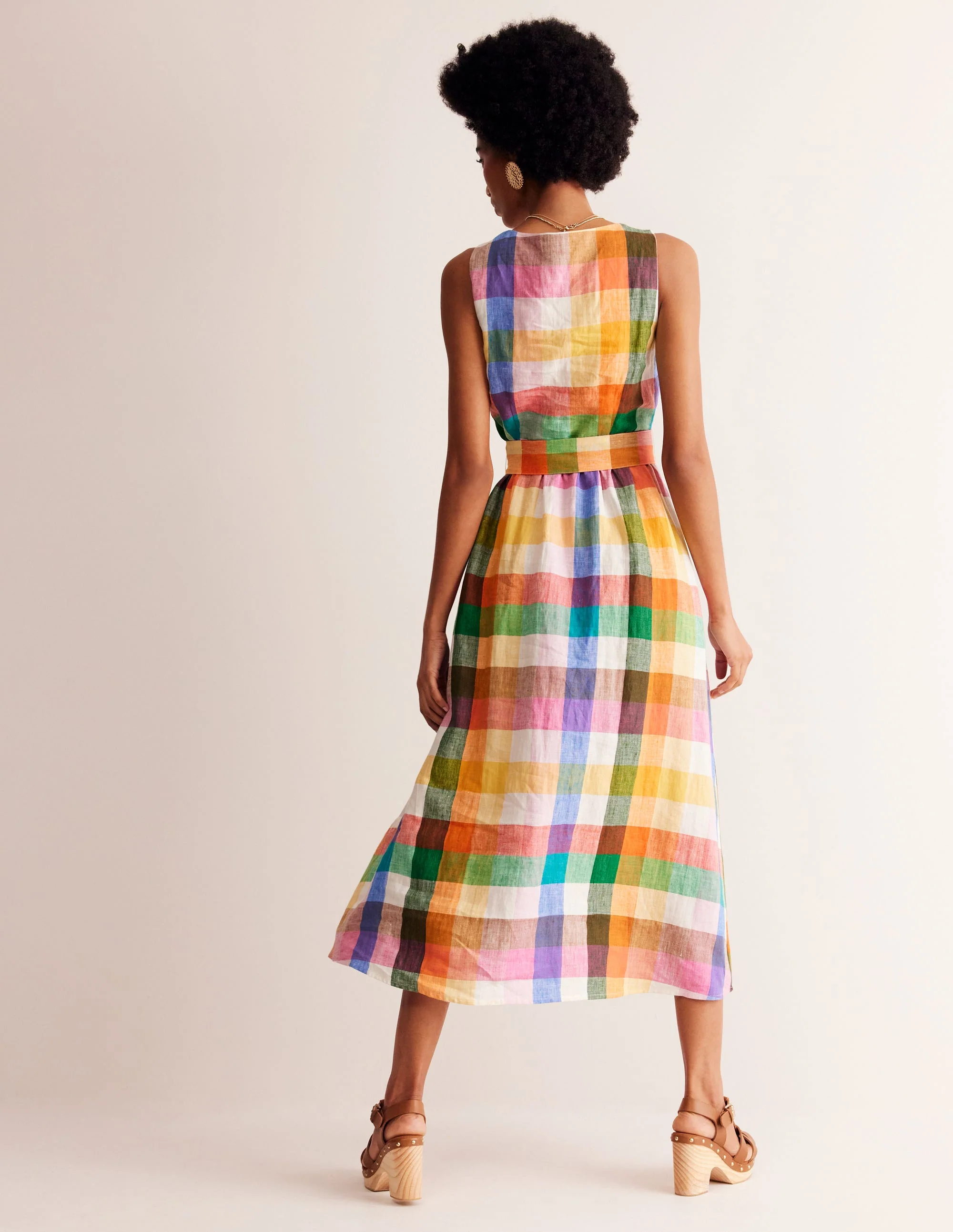 Linen Wrap Midi Dress-Bright Neon Multigingham - Image 3