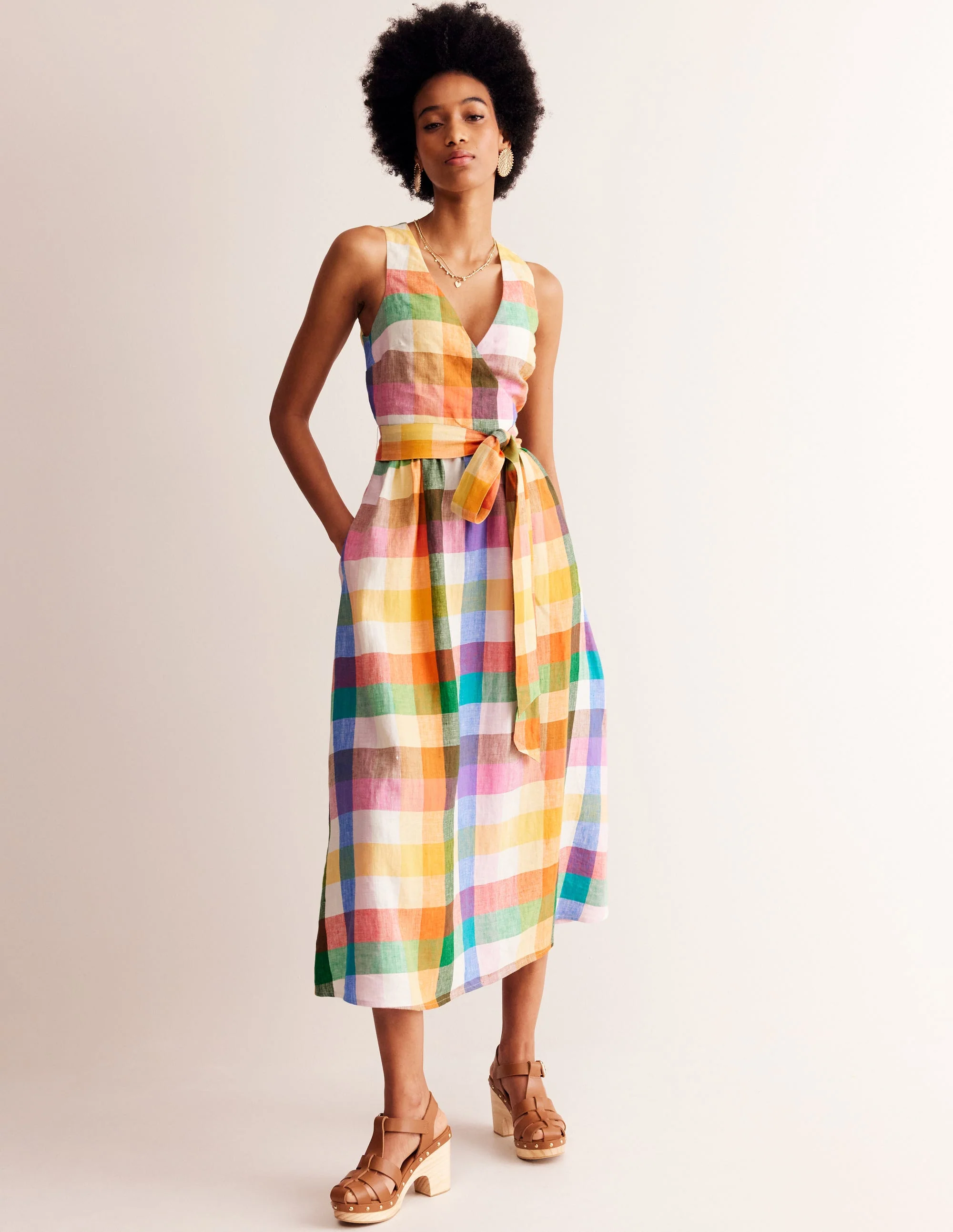 Linen Wrap Midi Dress-Bright Neon Multigingham - Image 4