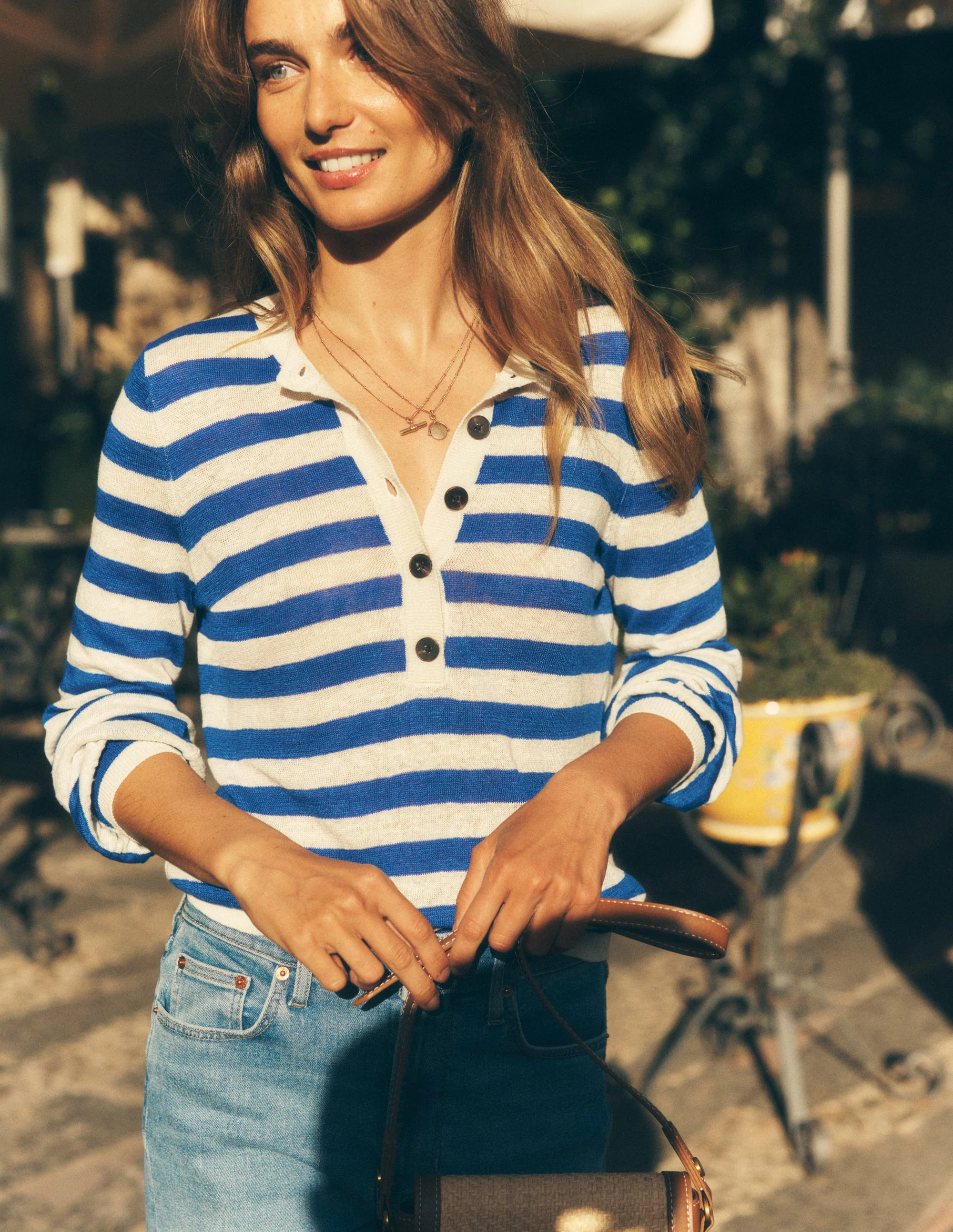 Liv Henley Linen Jumper-Bright Blue and Ivory Stripe - Image 8