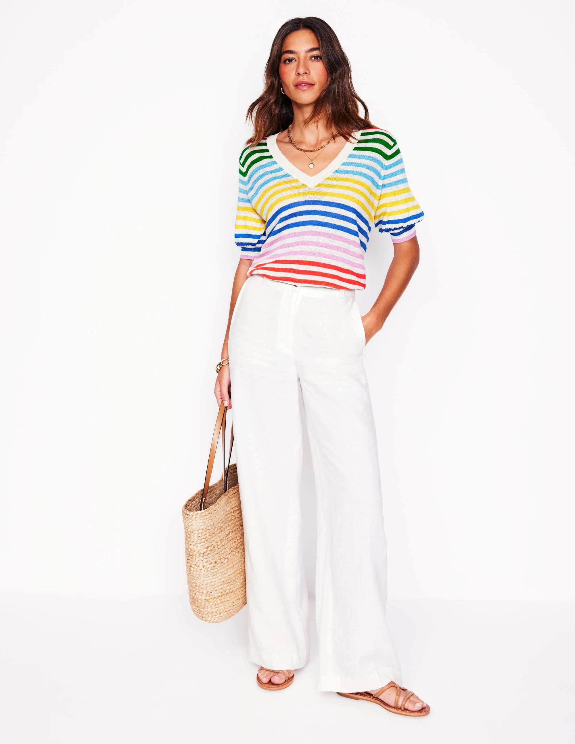 Liv V-Neck Linen T-Shirt-Banded Rainbow Stripe - Image 5