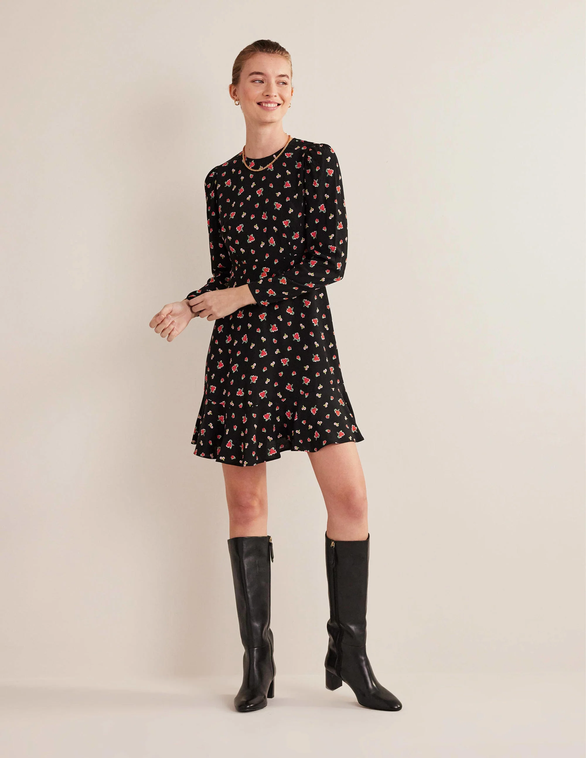 Long Sleeve Flippy Mini Dress-Black, Dotty Daisy - Image 5