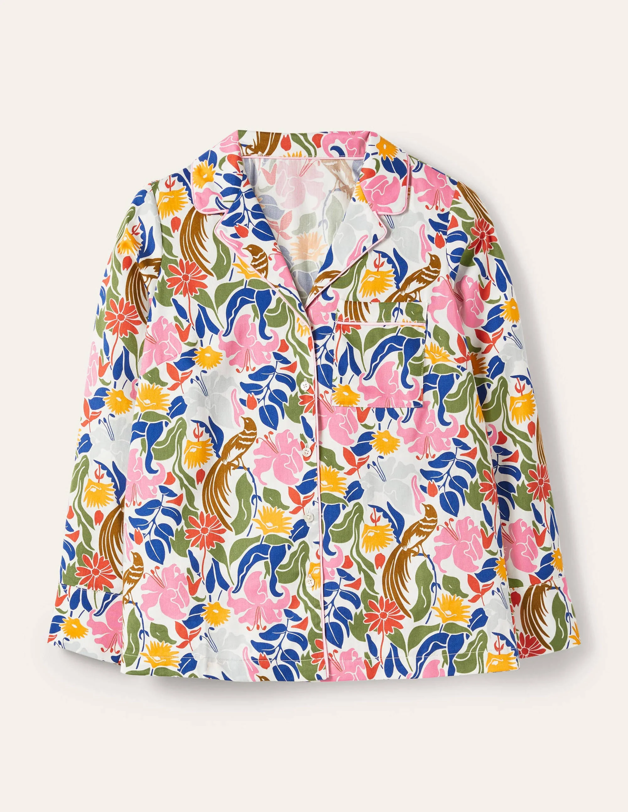 Long Sleeve Pyjama Shirt-Ivory, Oriental Bird - Image 5