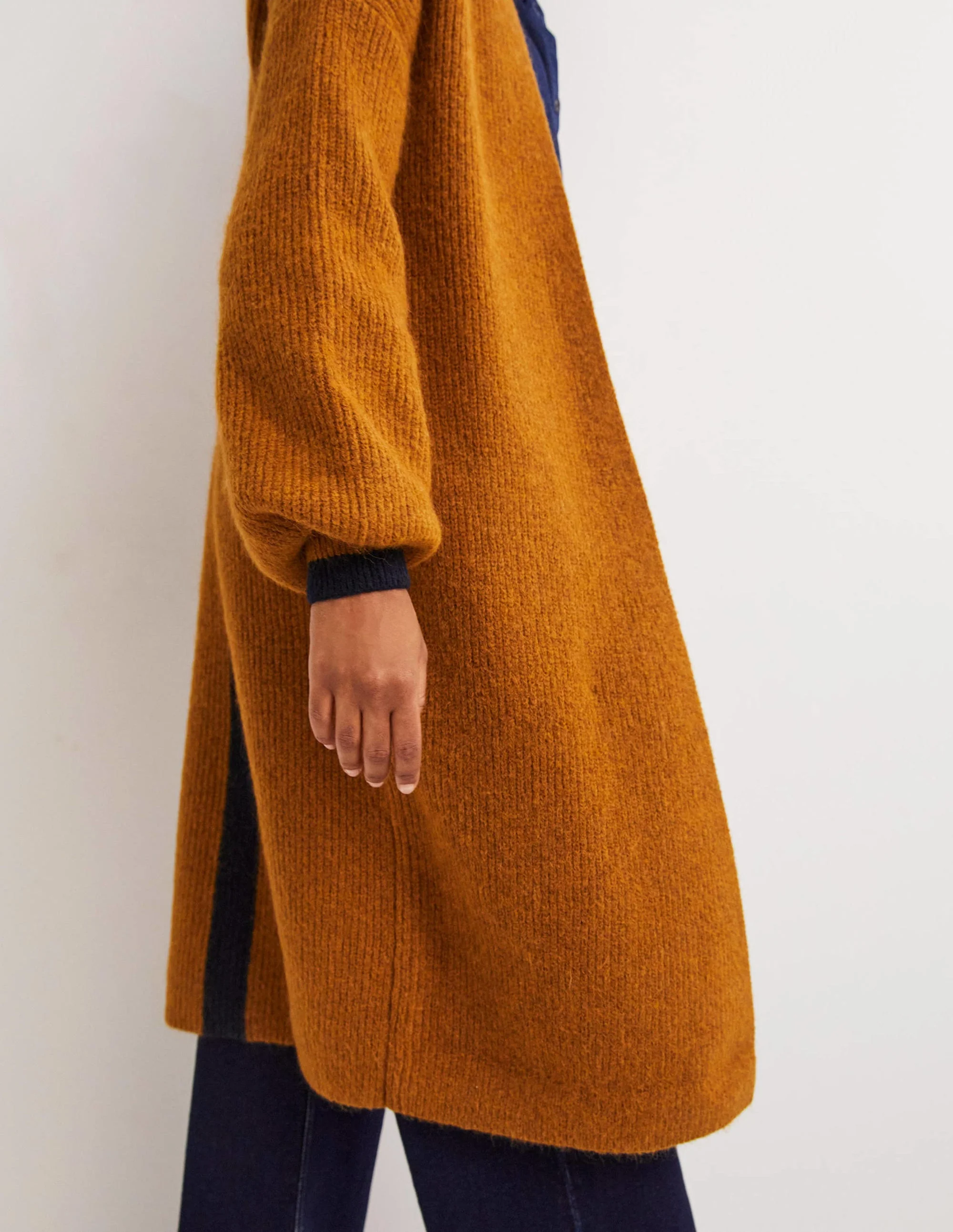 Longline Fluffy Cardigan-Butterscotch Brown, Navy - Image 5