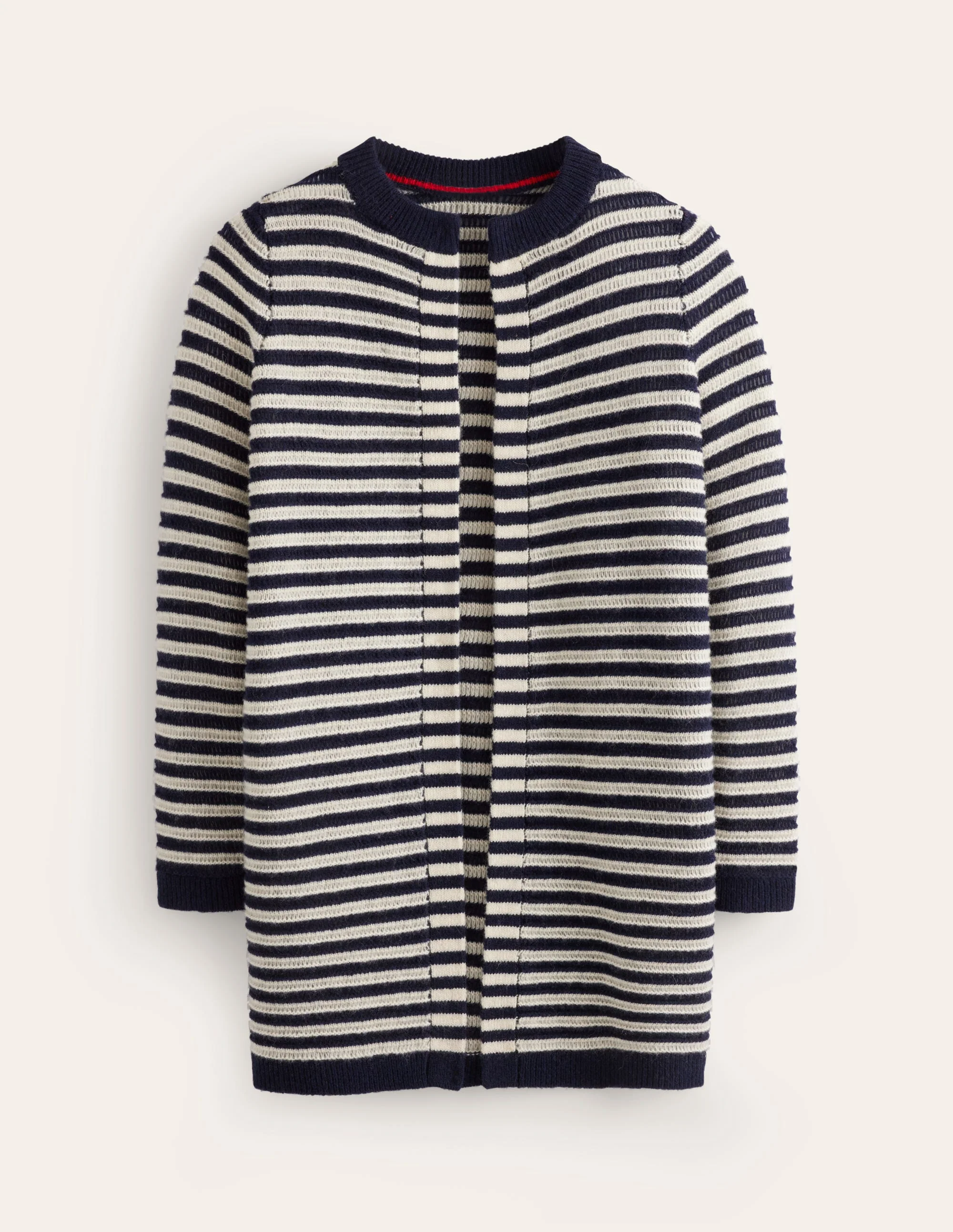Longline Merino Cardigan-Navy, Warm Ivory Stripe - Image 5