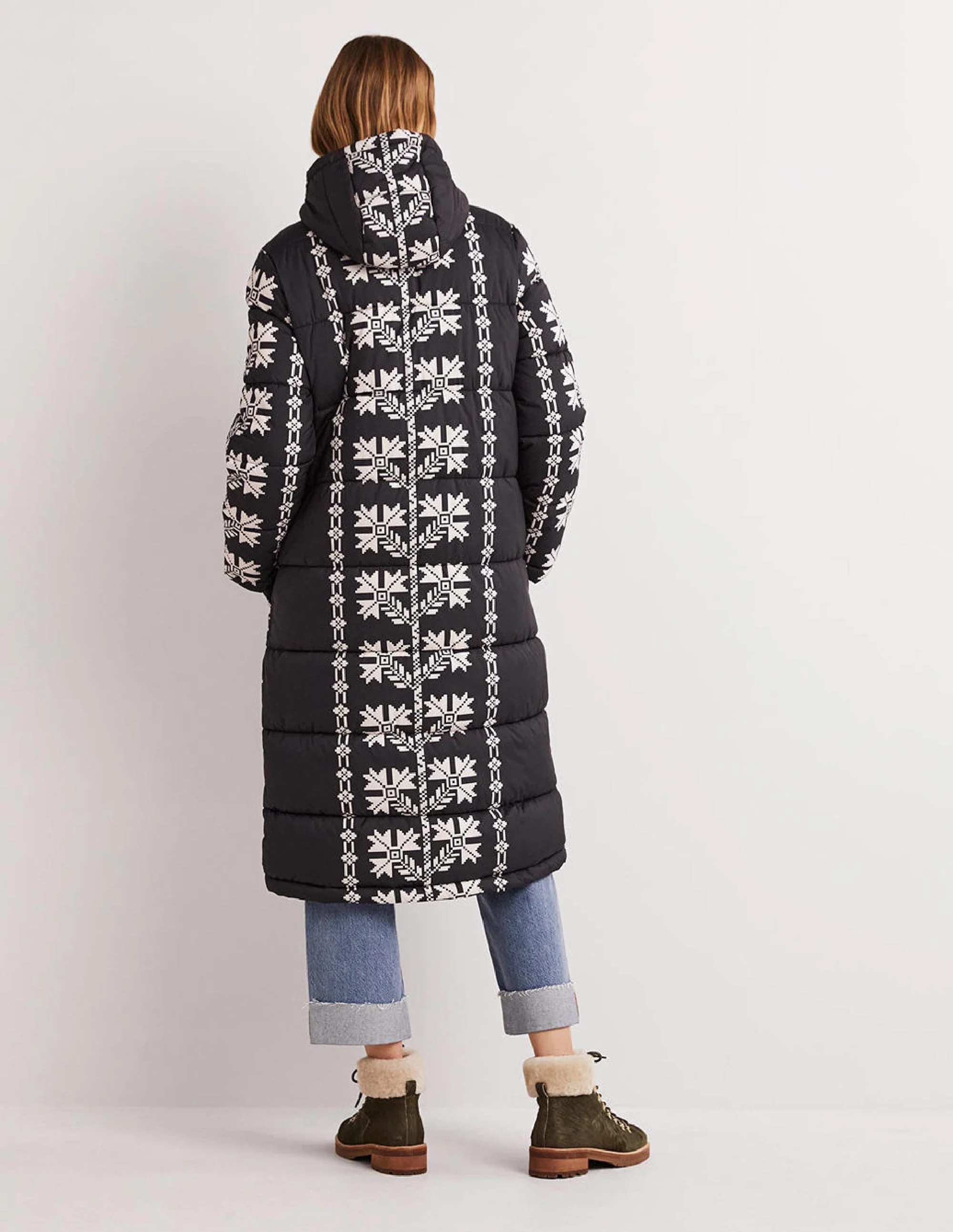 Longline Printed Puffer Coat-Black, Aztec Bloom - Image 4