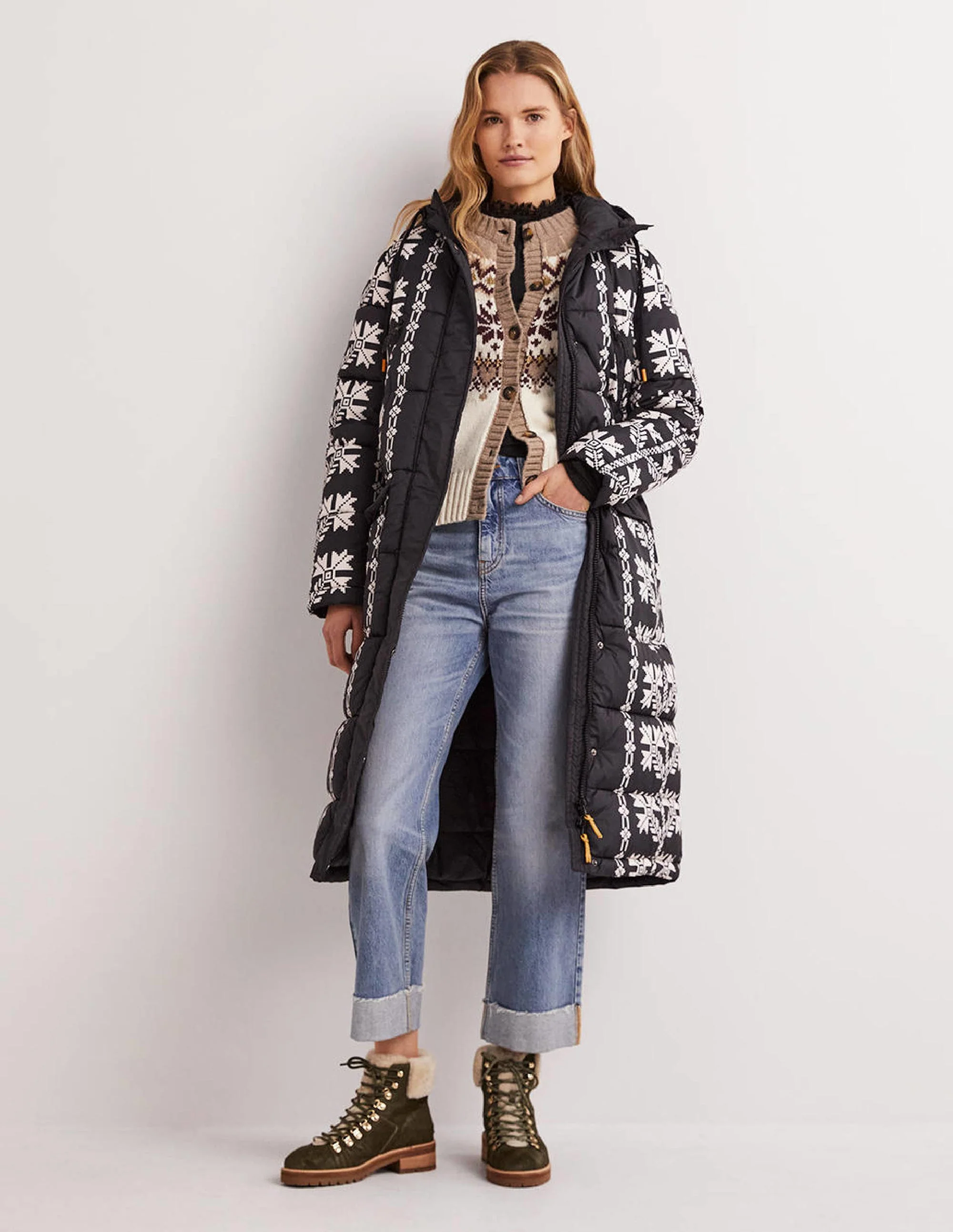 Longline Printed Puffer Coat-Black, Aztec Bloom - Image 5