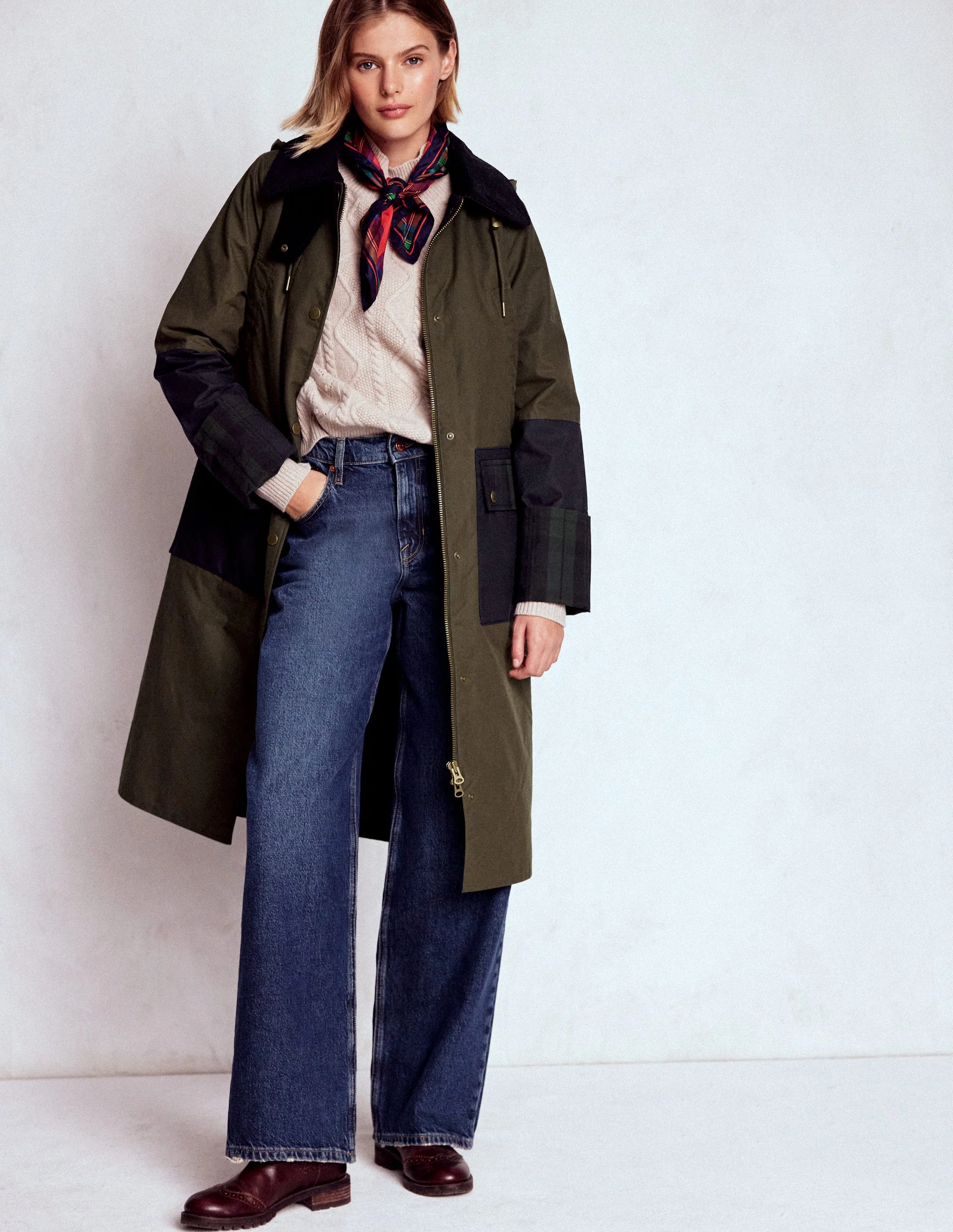 Longline Wax Coat-Navy Khaki Colourblock - Image 4