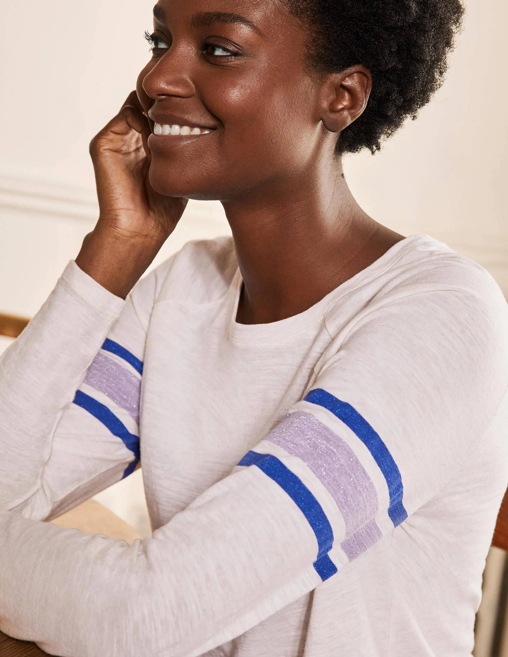 Lorna Baseball Jersey Top-Oatmeal Marl, Lurex Stripe - Image 2