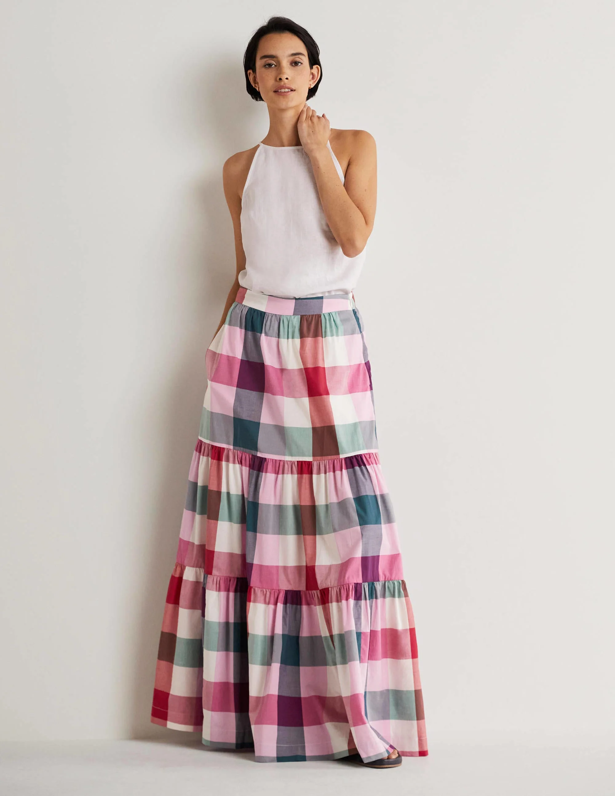 Lorna Tiered Maxi Skirt-Bonbon Pink Flambe Check