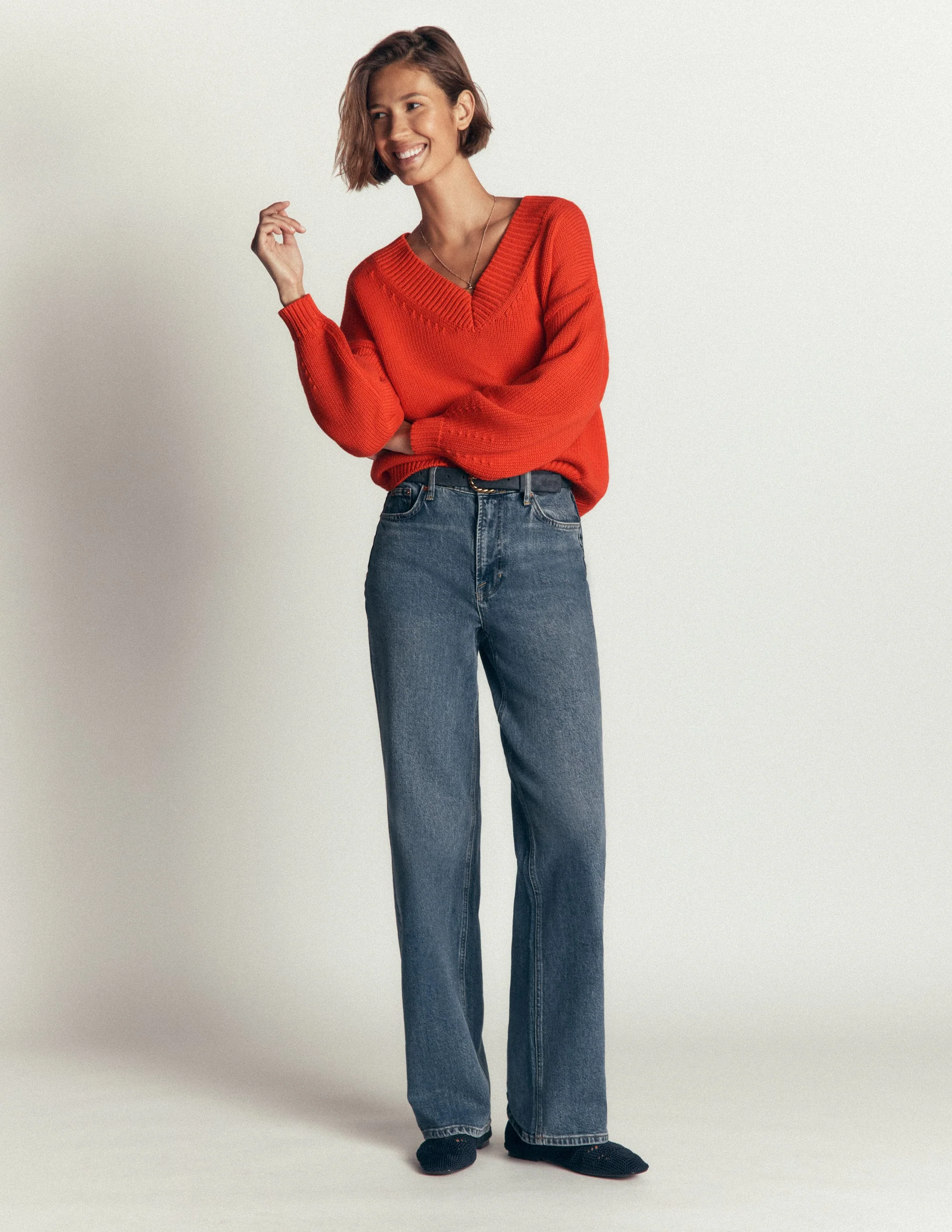 Lucy Cotton V-neck Jumper-Sunset Orange - Image 5