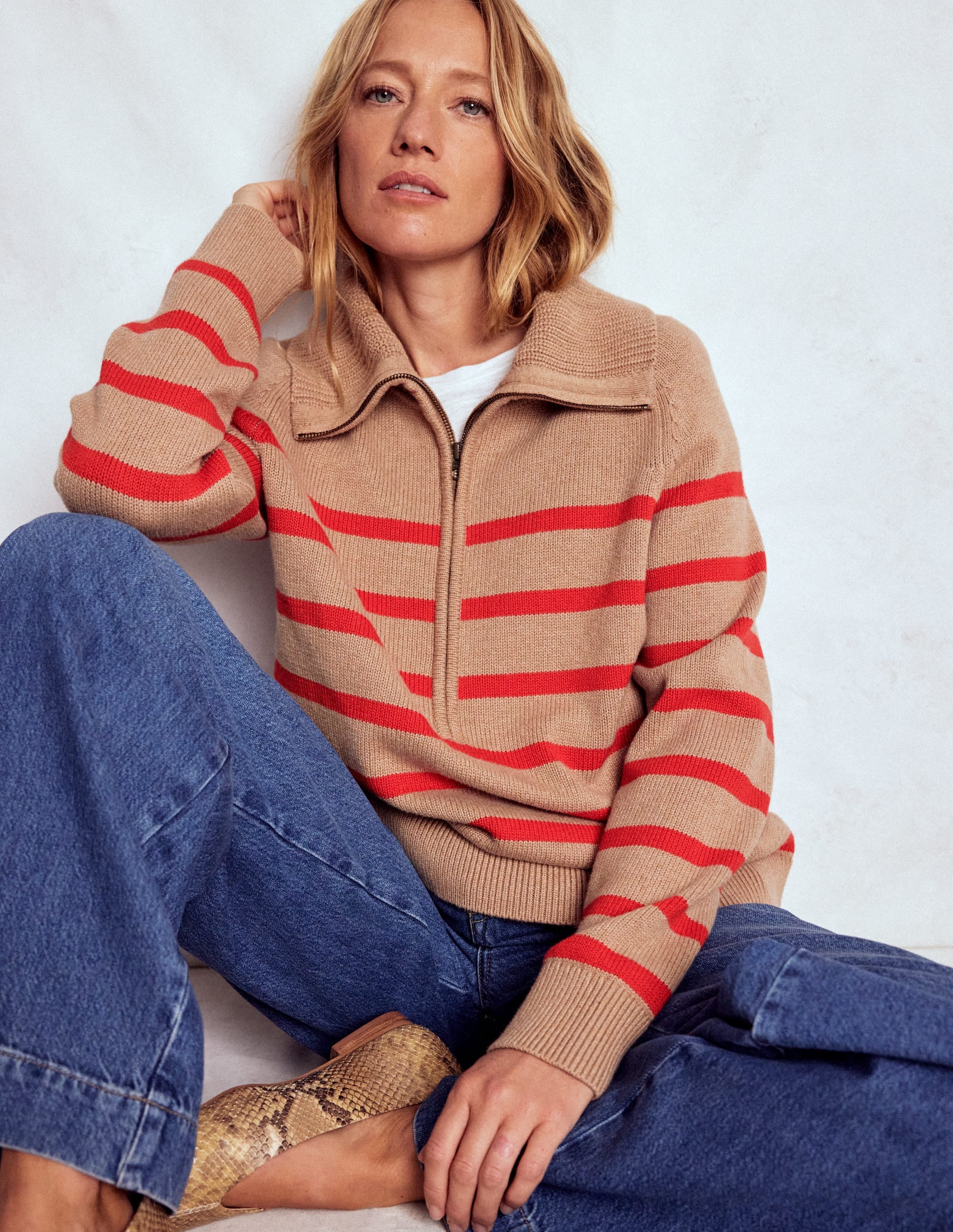 Lucy Half Zip Jumper-Camel Melange, Red Stripe