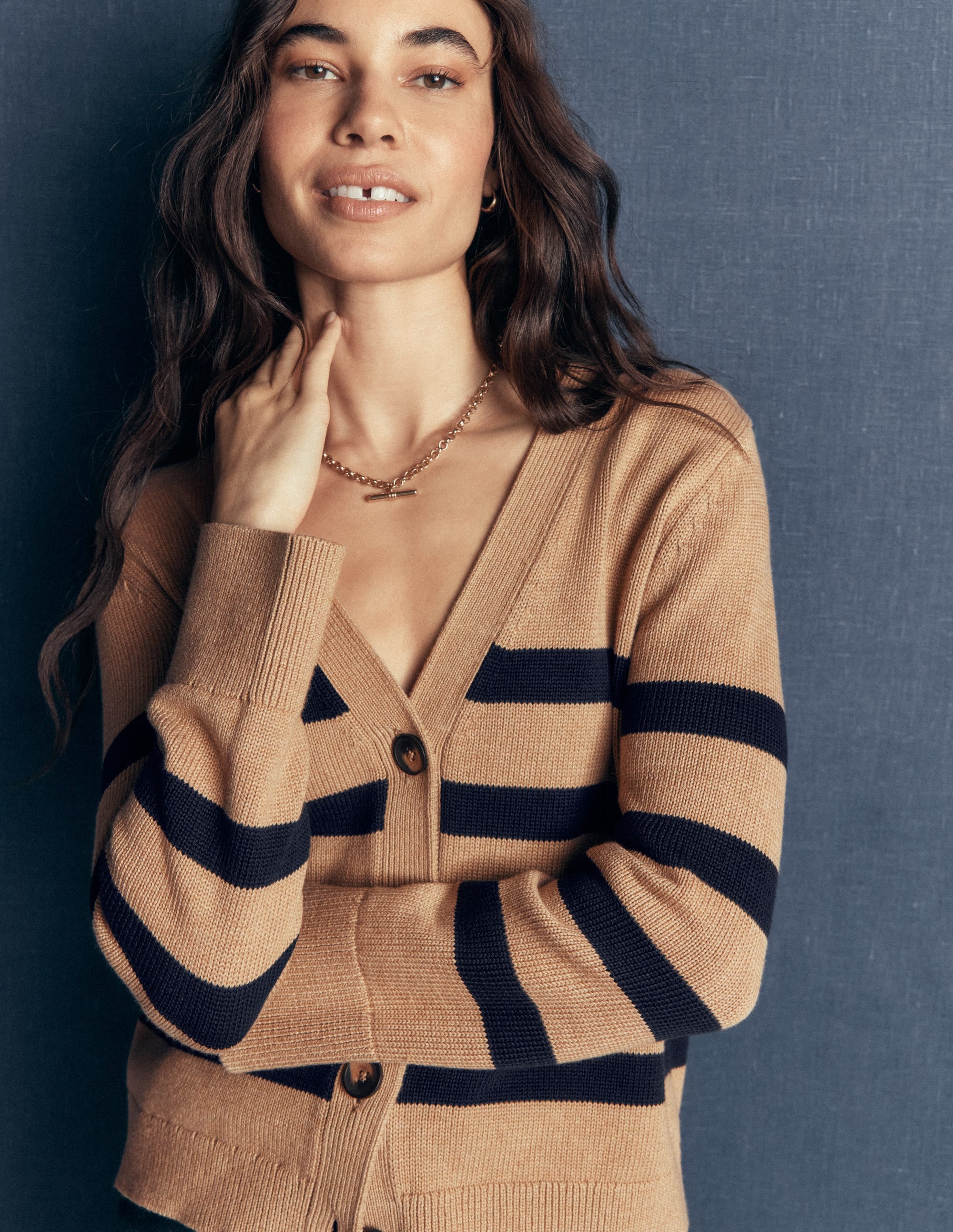 Lucy Relaxed Cotton Cardigan-Camel Melange, Stripe - Image 3