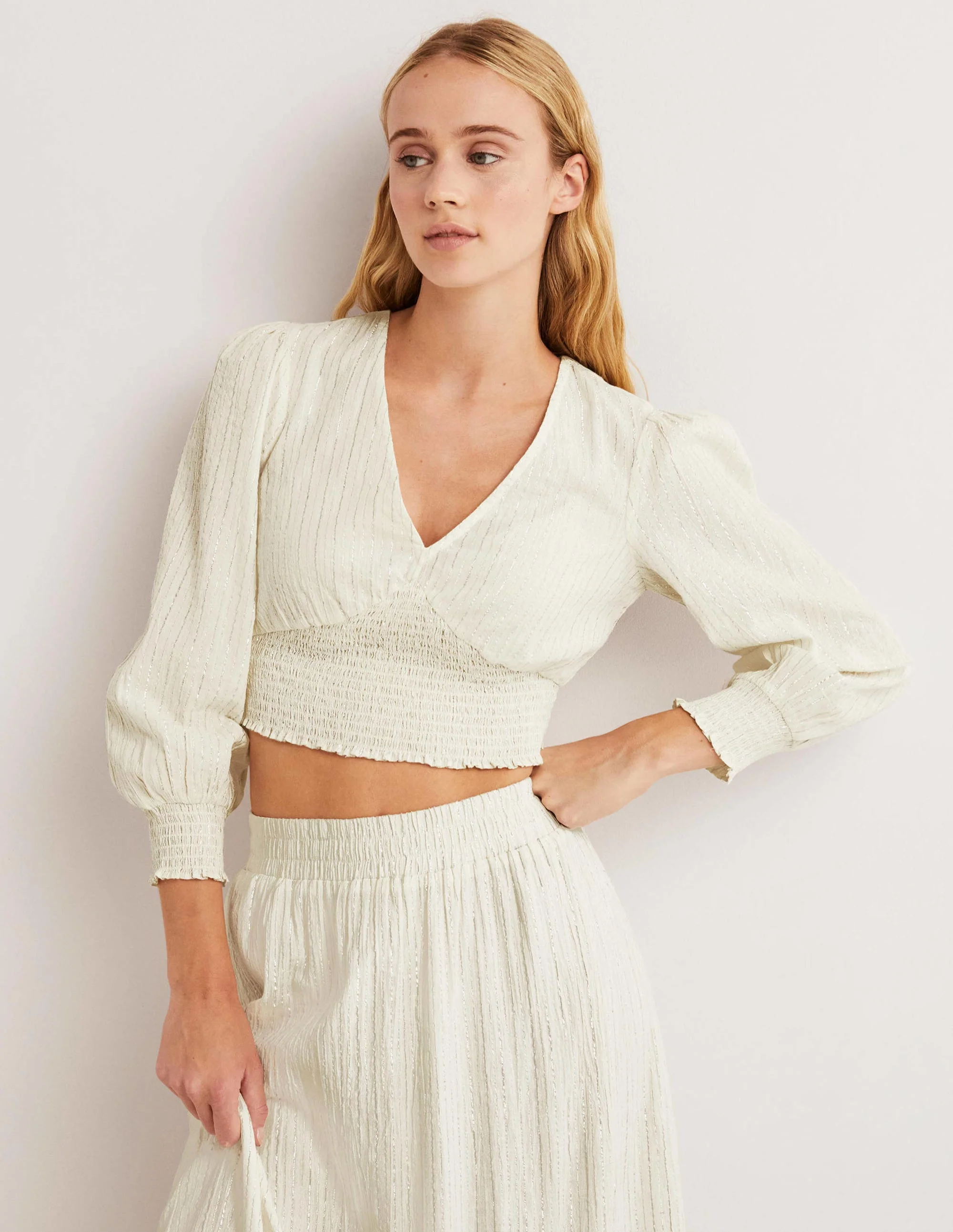 Lurex Smocked Crop Top-Ivory Crinkle Lurex - Image 4