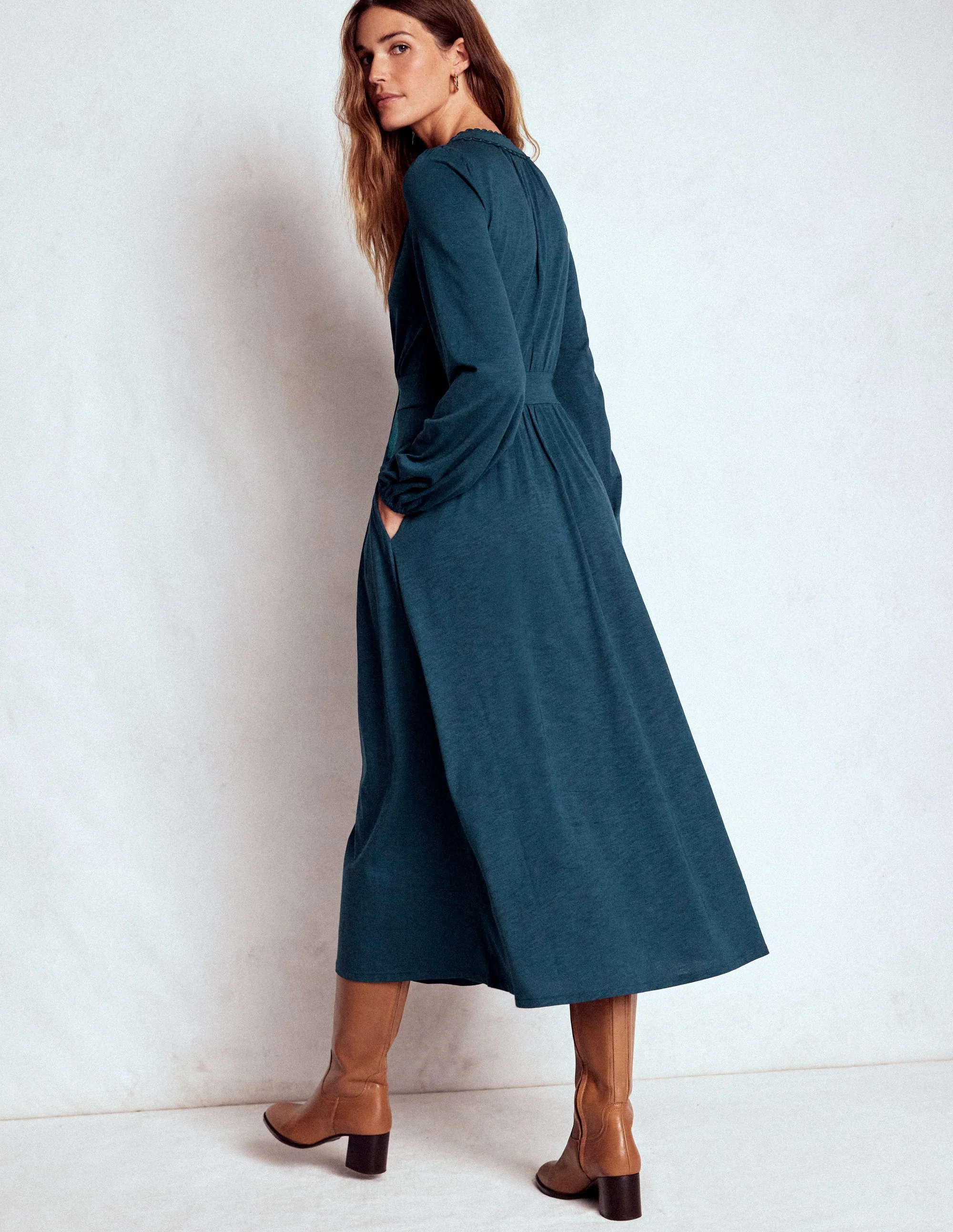 Maddie Picot Trim Midi Dress-Midnight Teal - Image 3