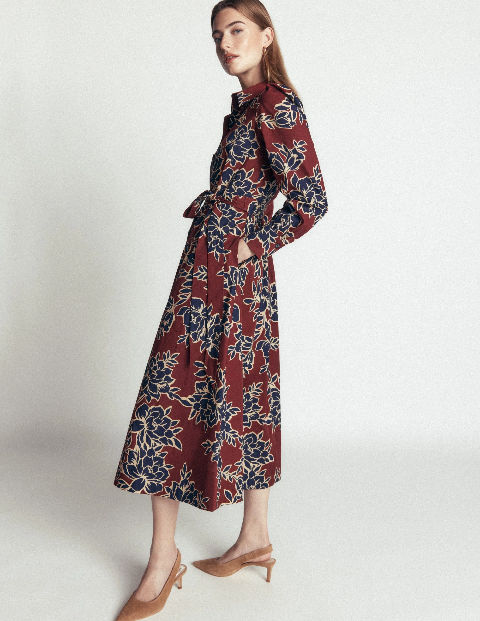Maeve Cotton Midi Shirt Dress-Brown, Enchanted Peony Large