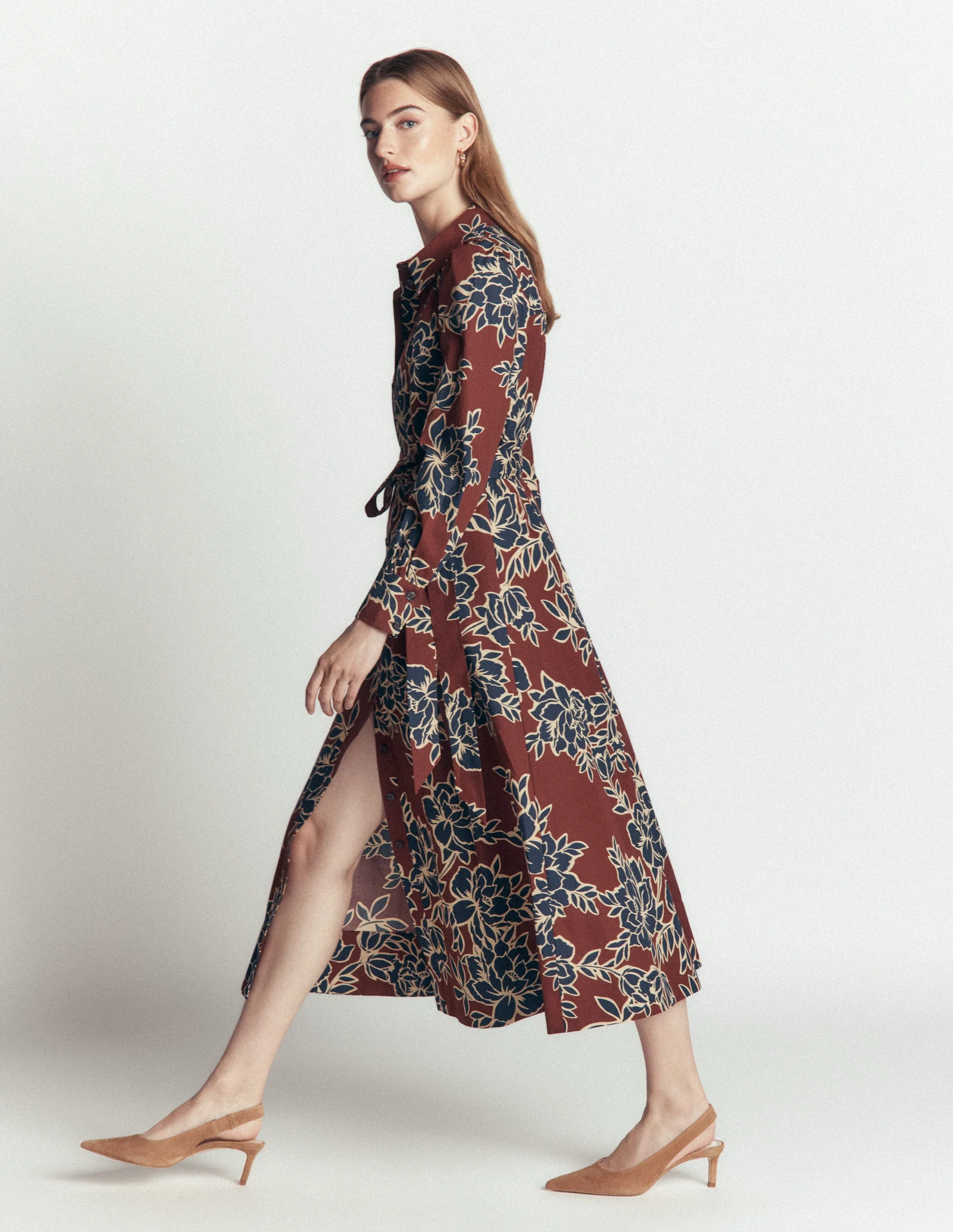Maeve Cotton Midi Shirt Dress-Brown, Enchanted Peony Large - Image 4