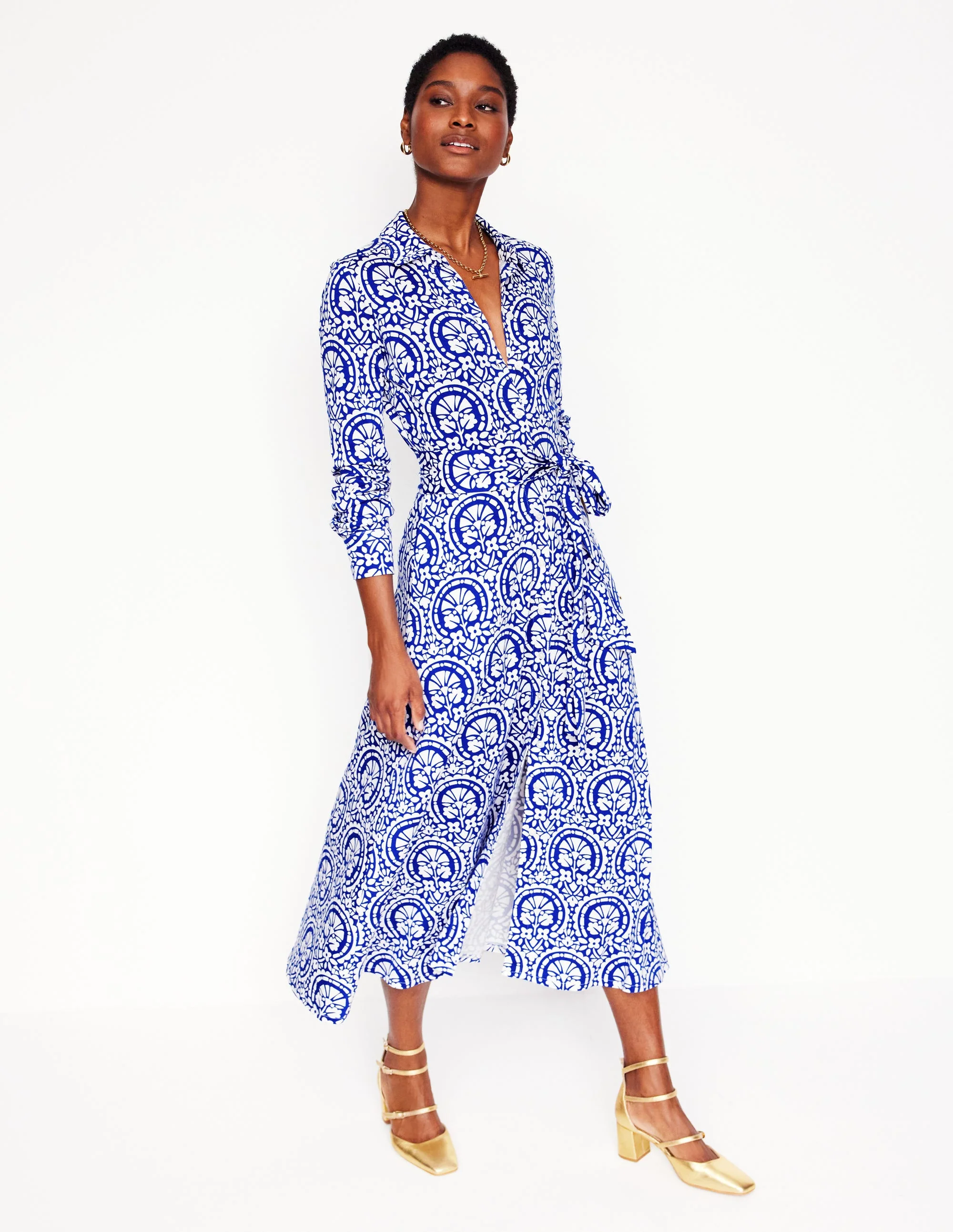 Marcia Jersey Shirt Dress-Bright Blue, Elaborate Stamp - Image 6