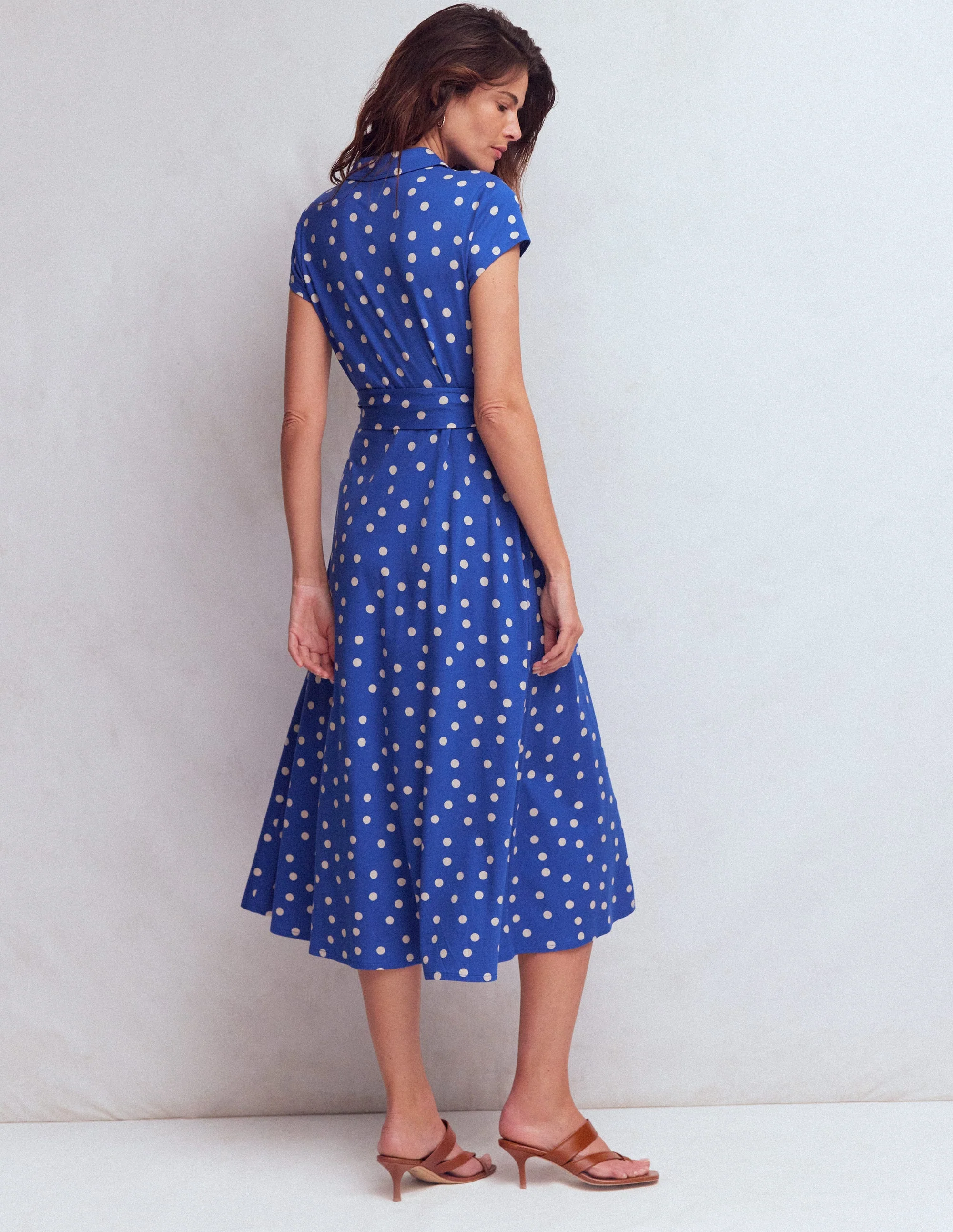 Marcia Jersey Shirt Dress-Bright Blue, Painted Dot - Image 3