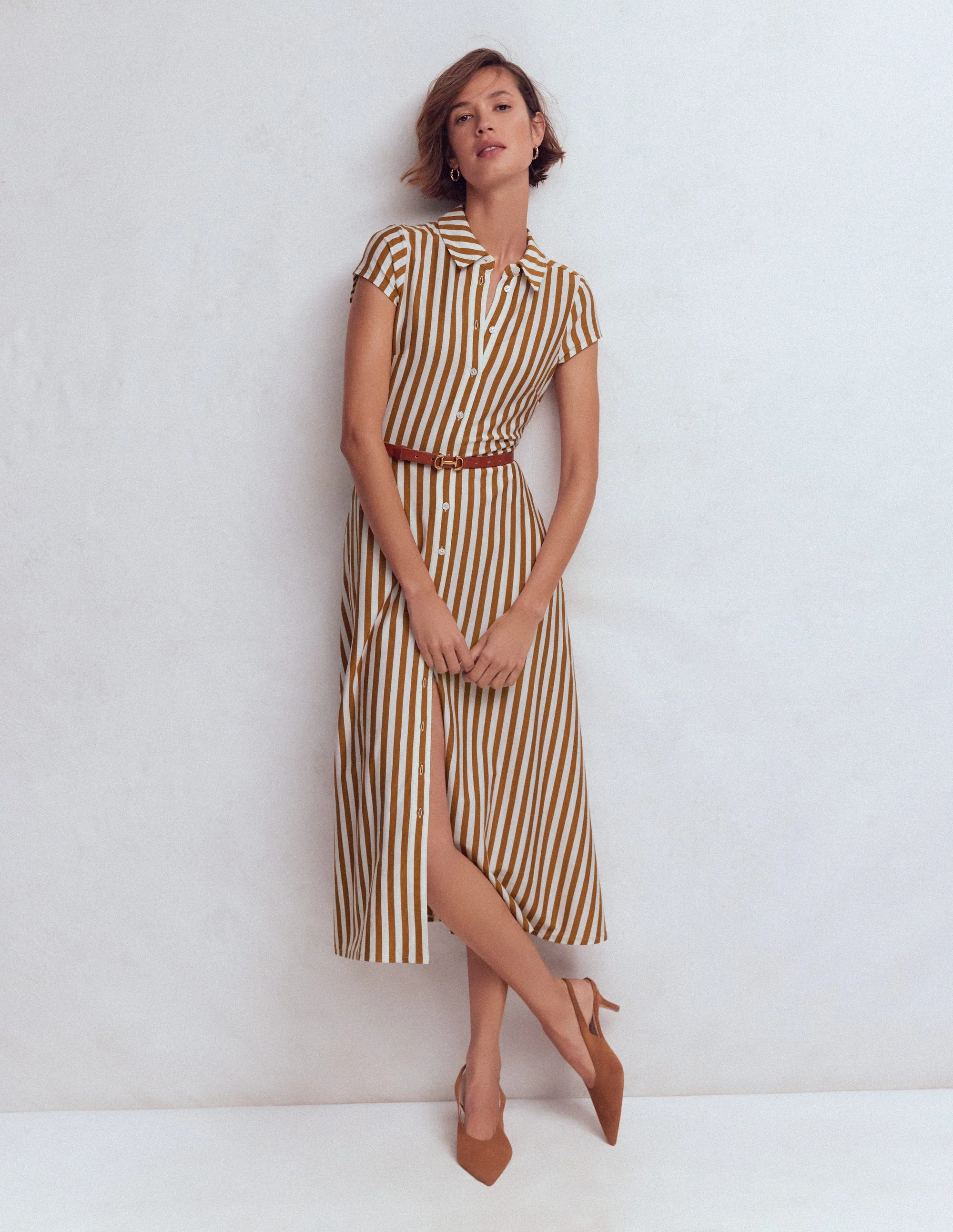 Marcia Jersey Shirt Dress-Cognac and Ivory Stripe - Image 2