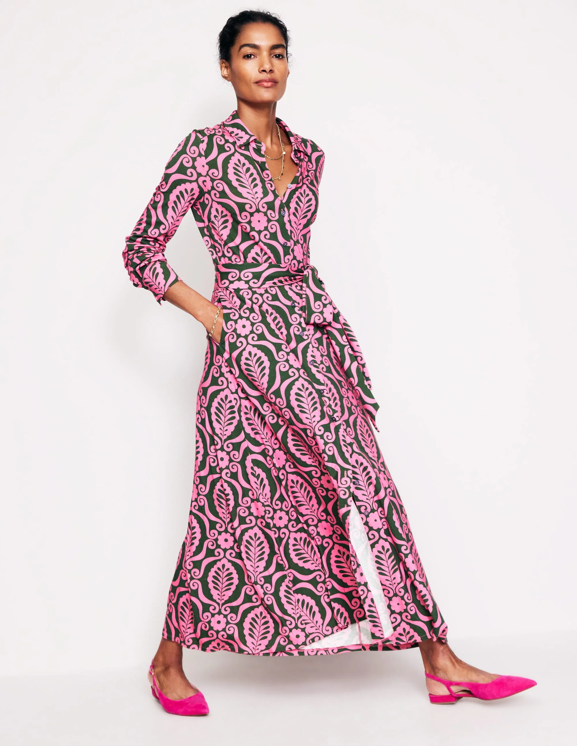 Marcia Jersey Shirt Dress-Party Pink, Foliage Stamp