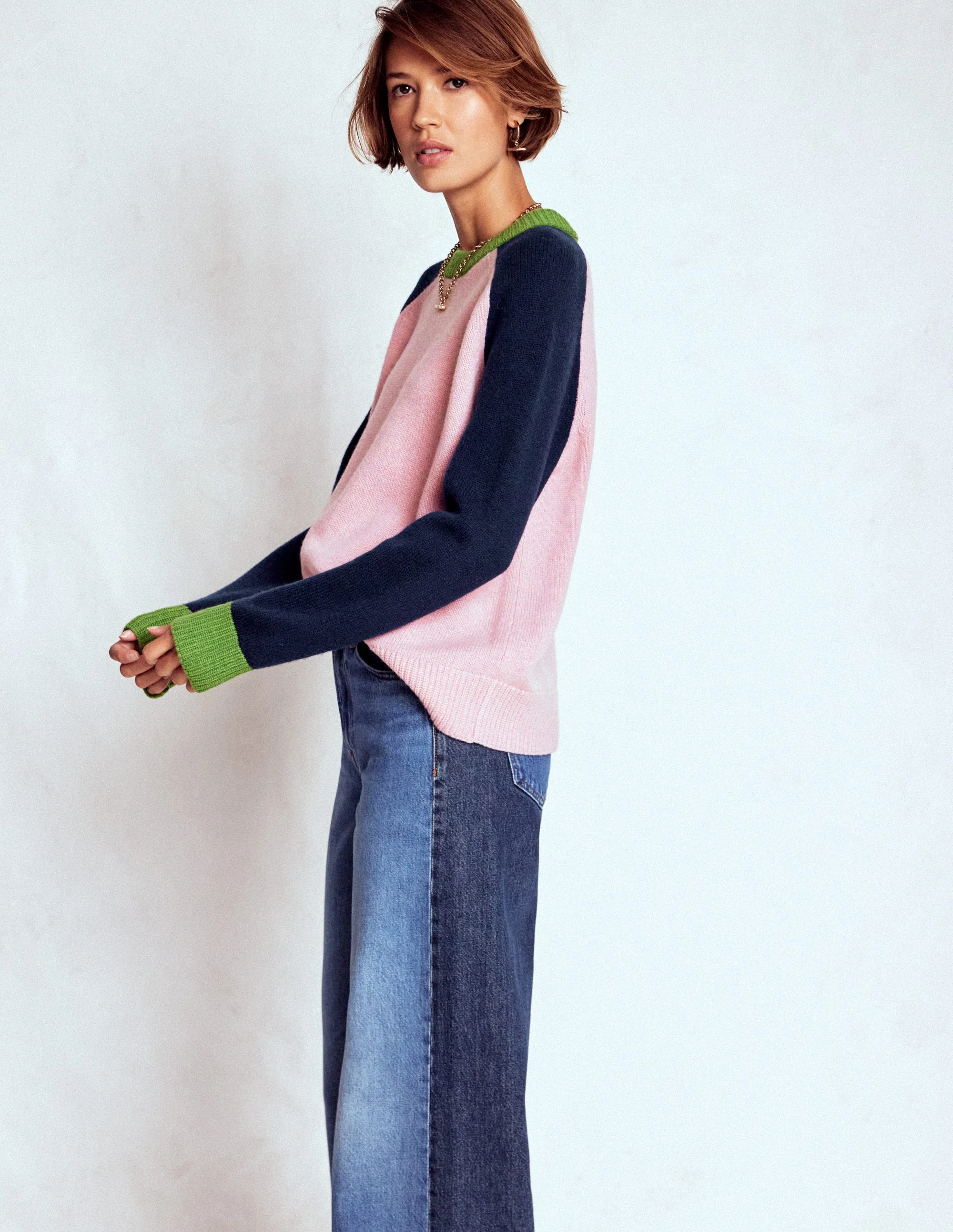 Marion Merino Jumper-French Pink, Navy Colour Block - Image 4