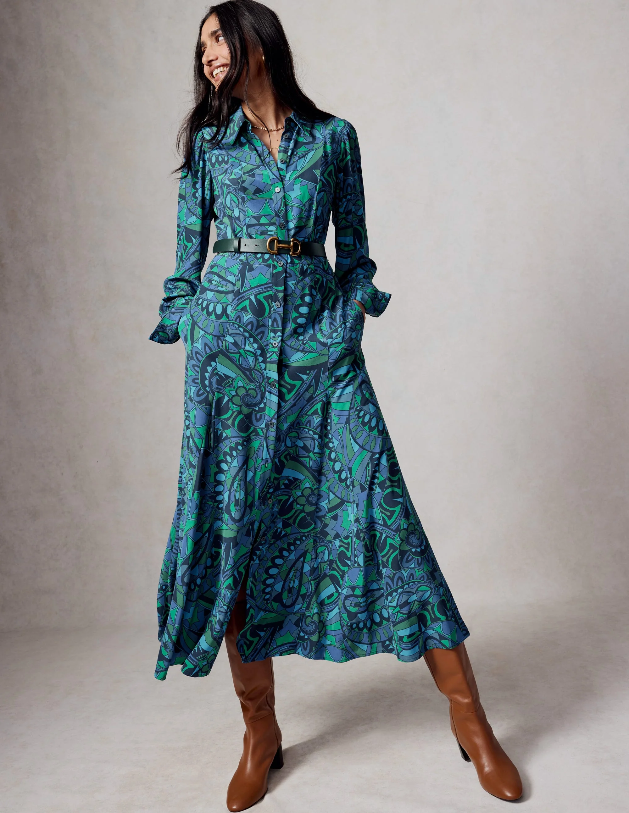Martha Godet Maxi Shirt Dress-Blue, Kaleidoscopic Paisley - Image 6