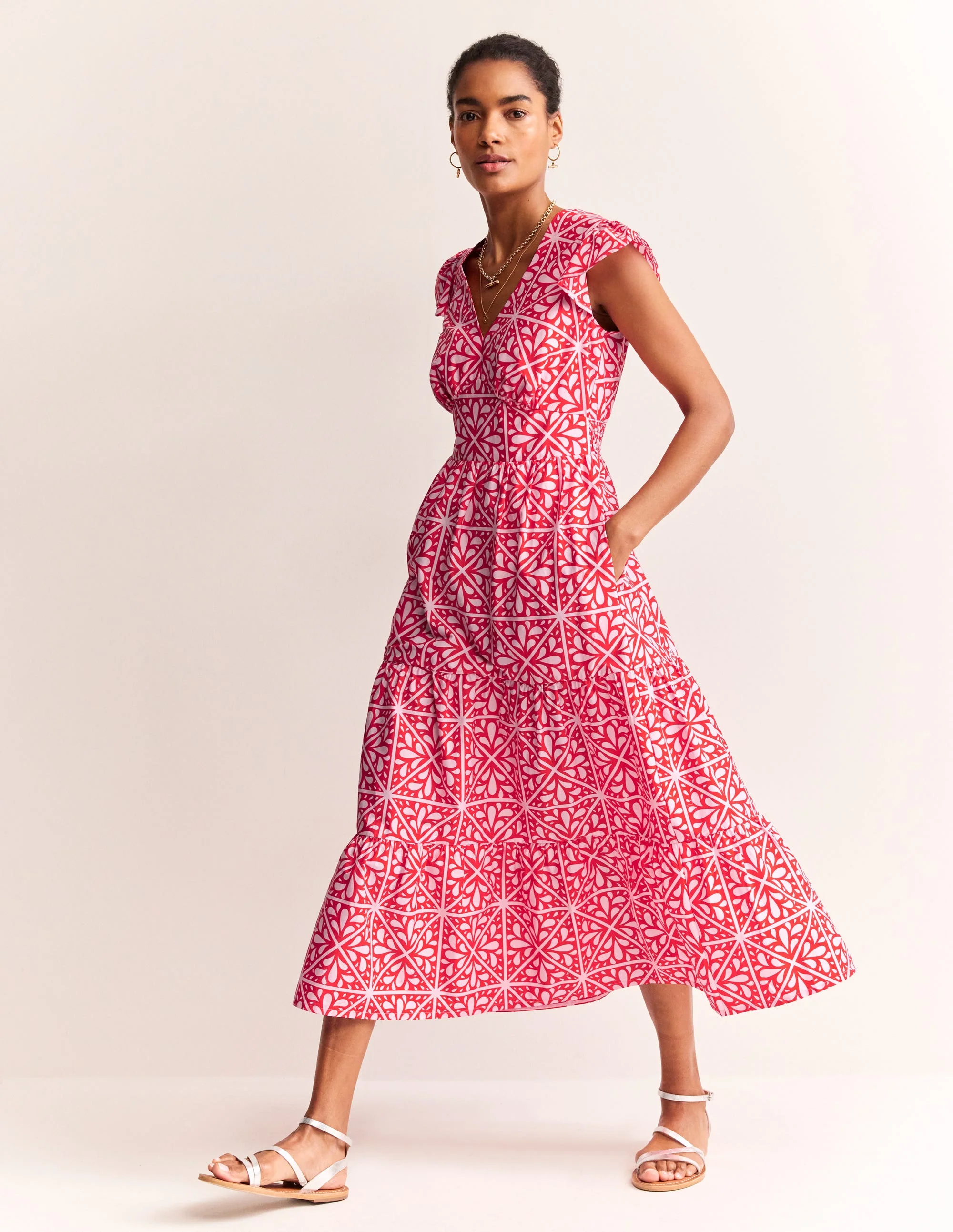May Cotton Midi Tea Dress-Flame Scarlet, Floral Mosaic - Image 4
