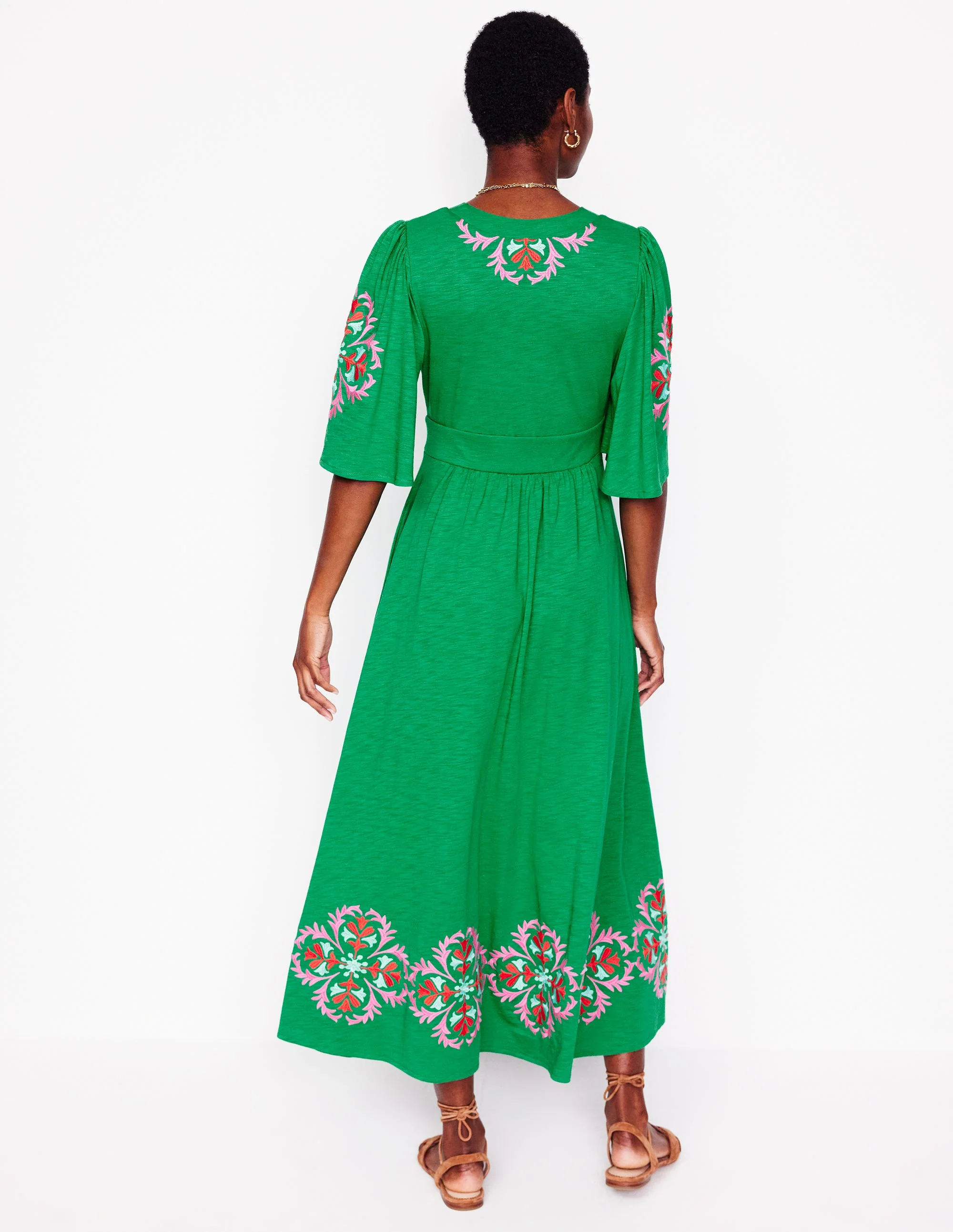 Maya Embroidered Kimono Dress-Rich Emerald, Embroidered - Image 3