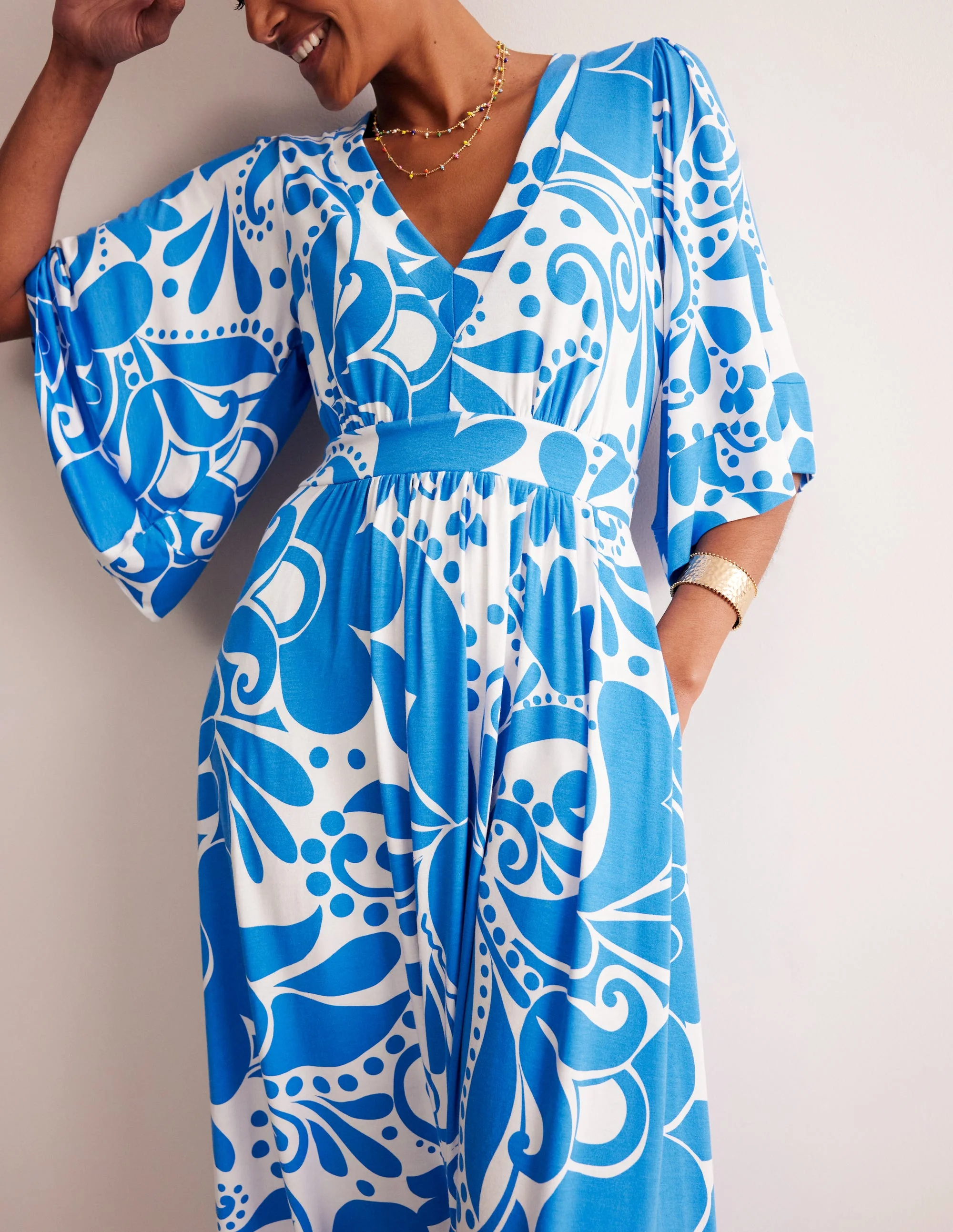 Maya Kimono Jersey Maxi Dress-Indigo Bunting, Ripple Swirl - Image 2
