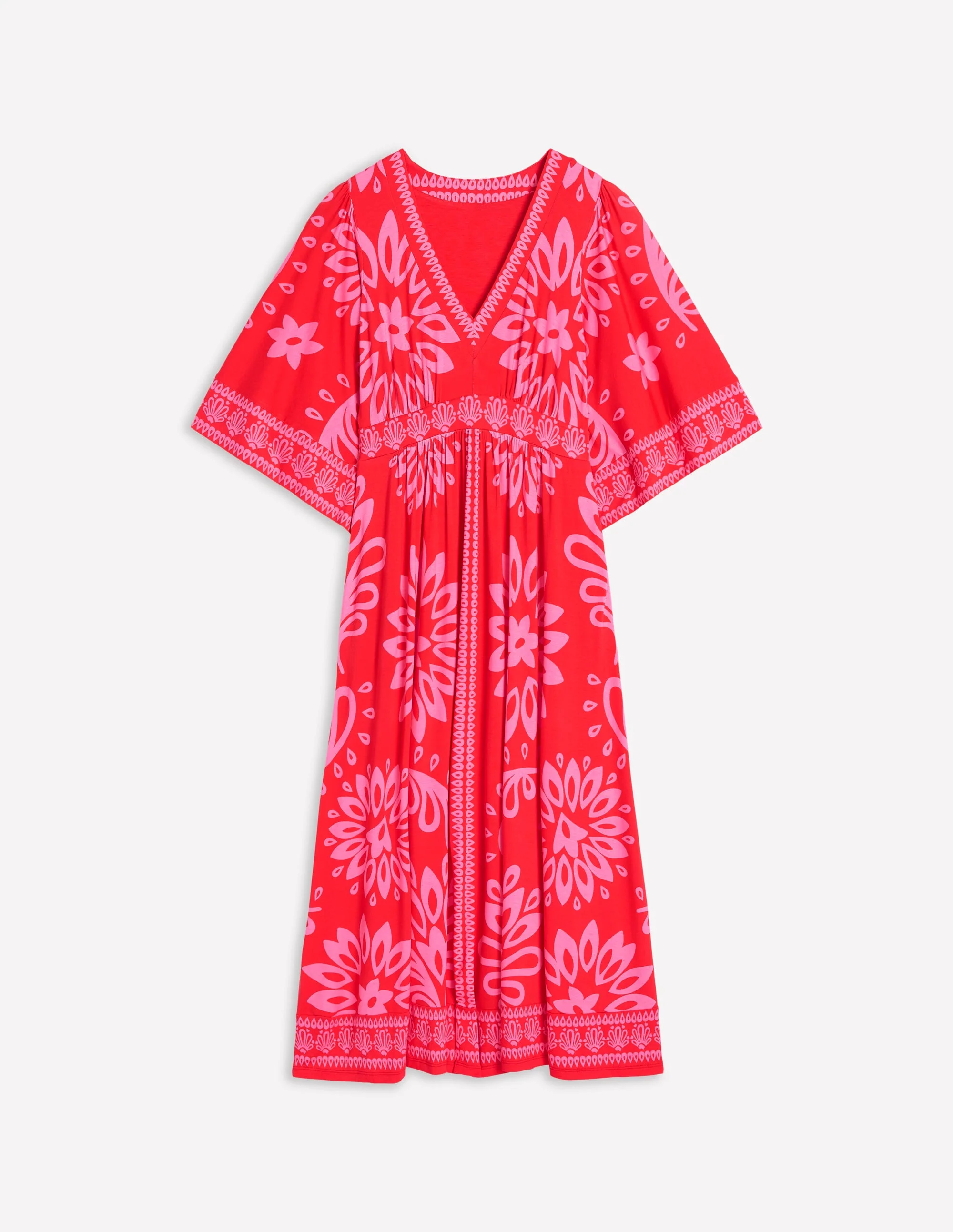 Maya Kimono Jersey Maxi Dress-Strawberry Red, Palm Foliage - Image 5