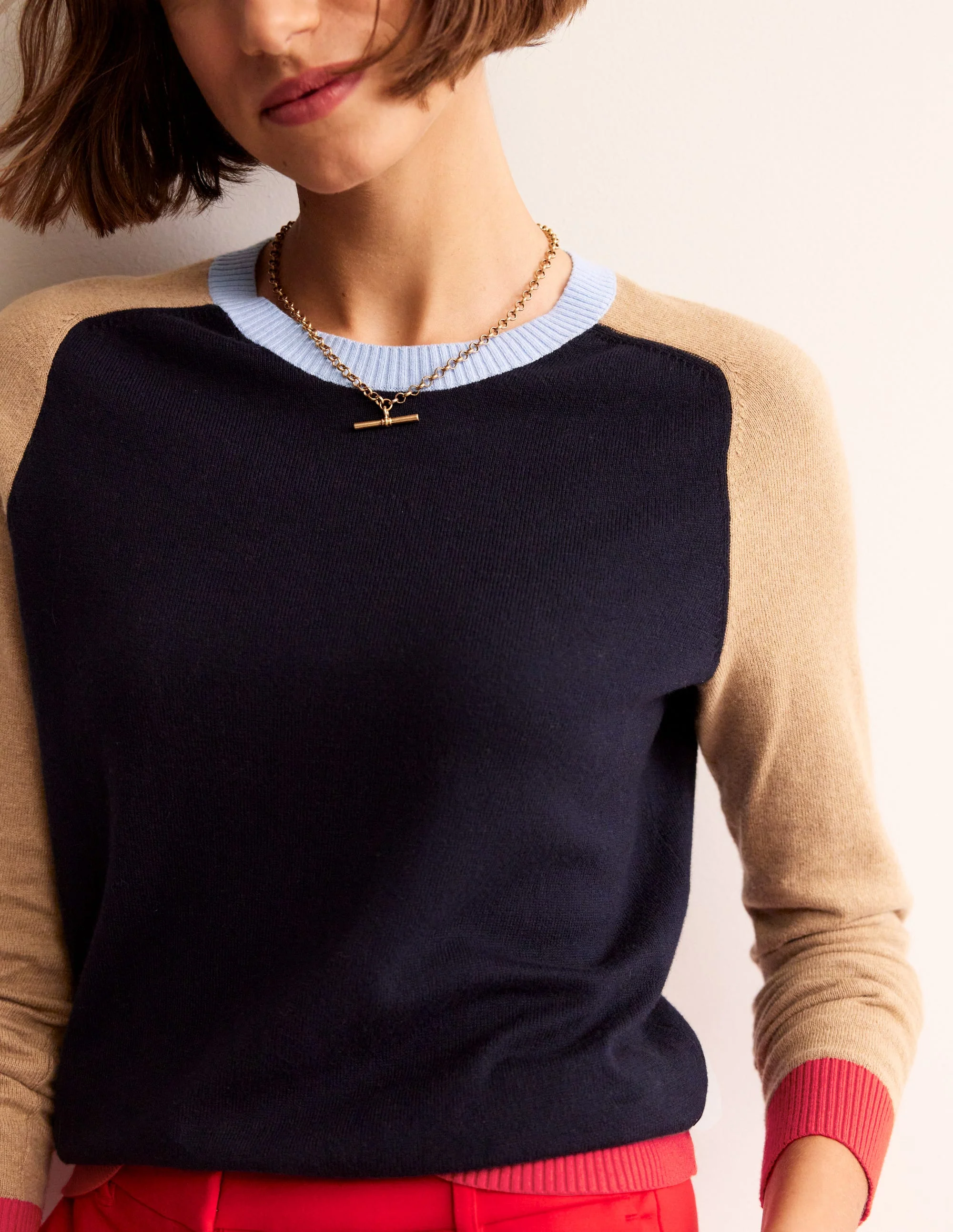 Meg Raglan Sleeve Jumper-Navy, Camel Colourblock - Image 2