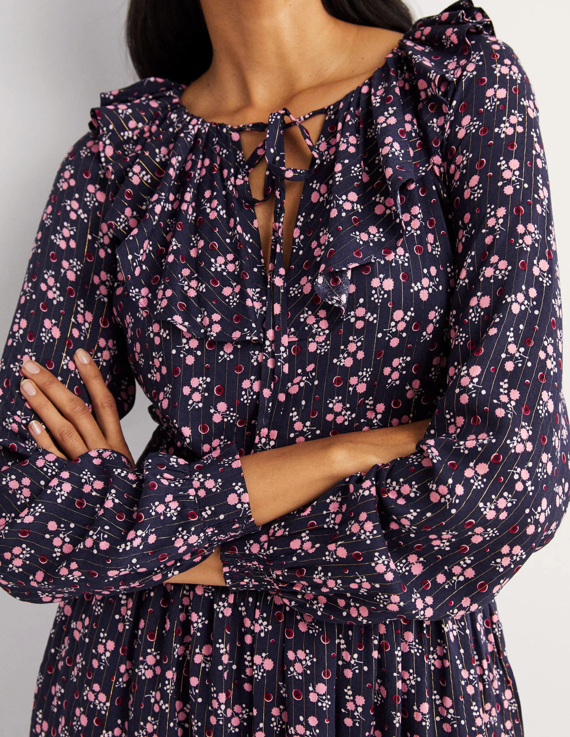 Metallic Frill Detail Dress-Navy, Berry Sprig - Image 2