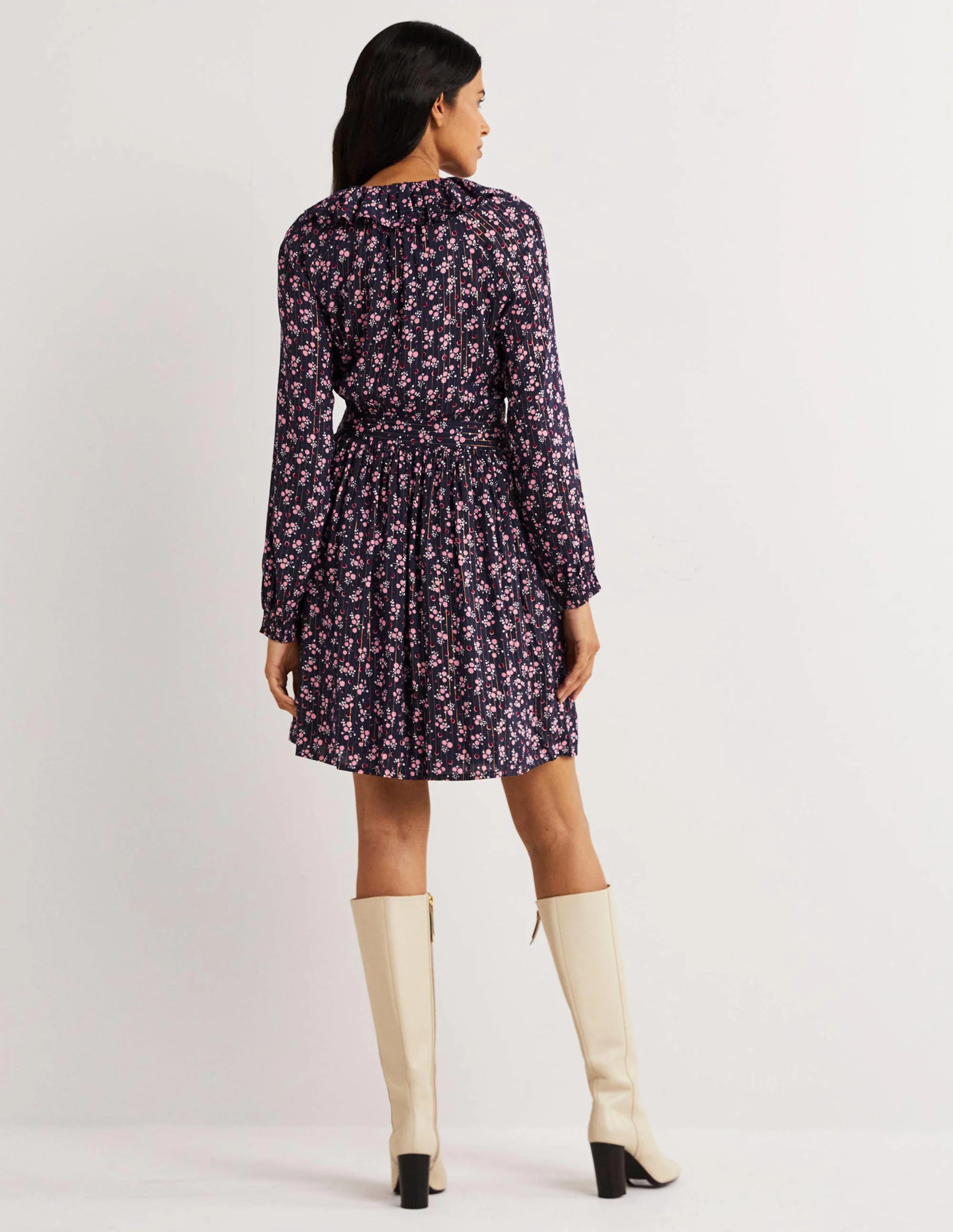 Metallic Frill Detail Dress-Navy, Berry Sprig - Image 3