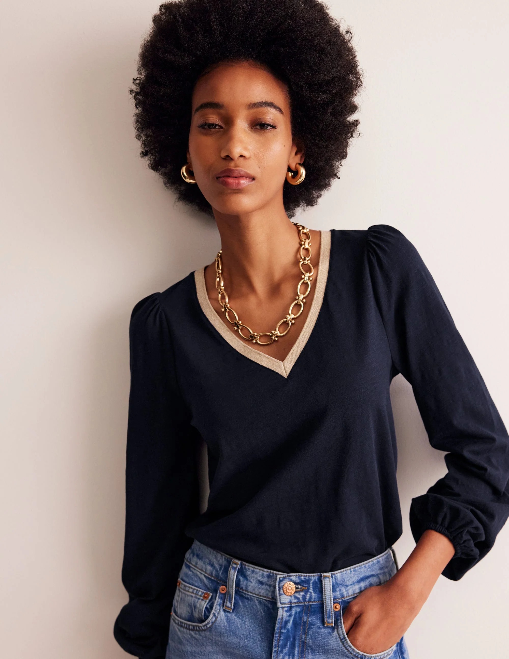Metallic Trim Long Sleeve Top-Navy