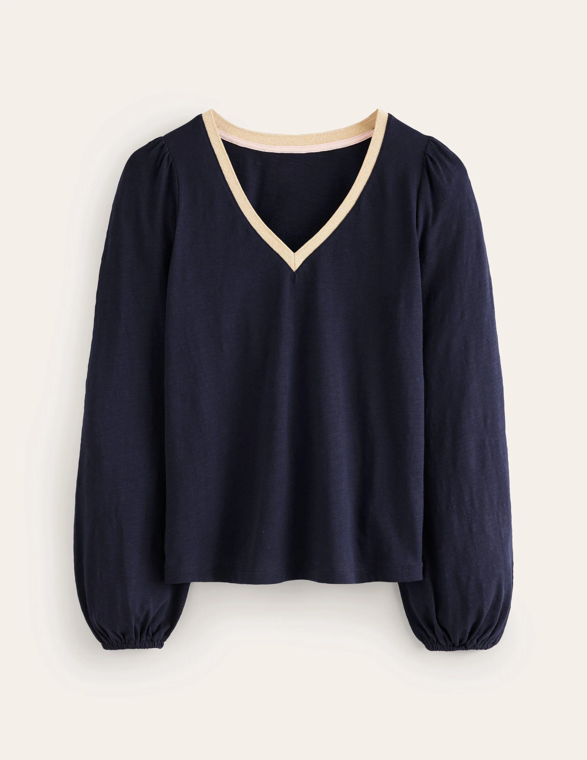 Metallic Trim Long Sleeve Top-Navy - Image 5