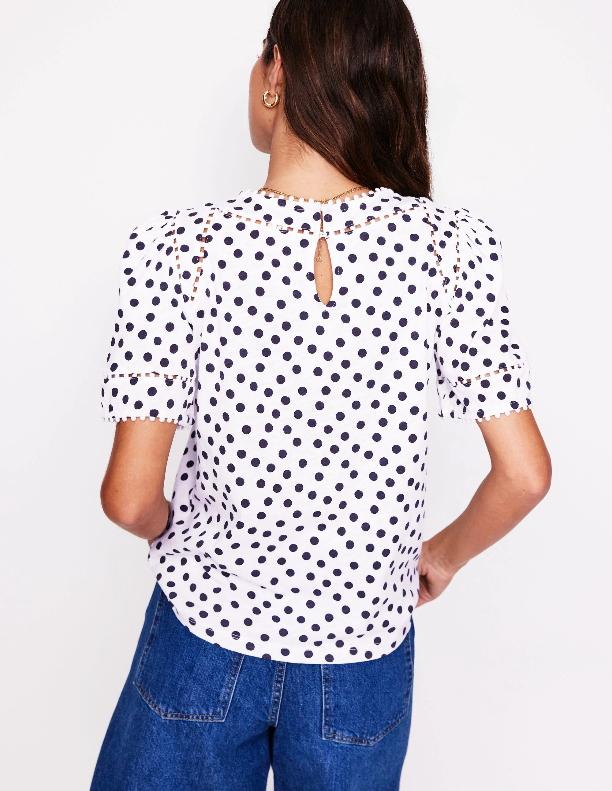 Mila Trim Detail Top-Ivory, French Navy Dot - Image 3
