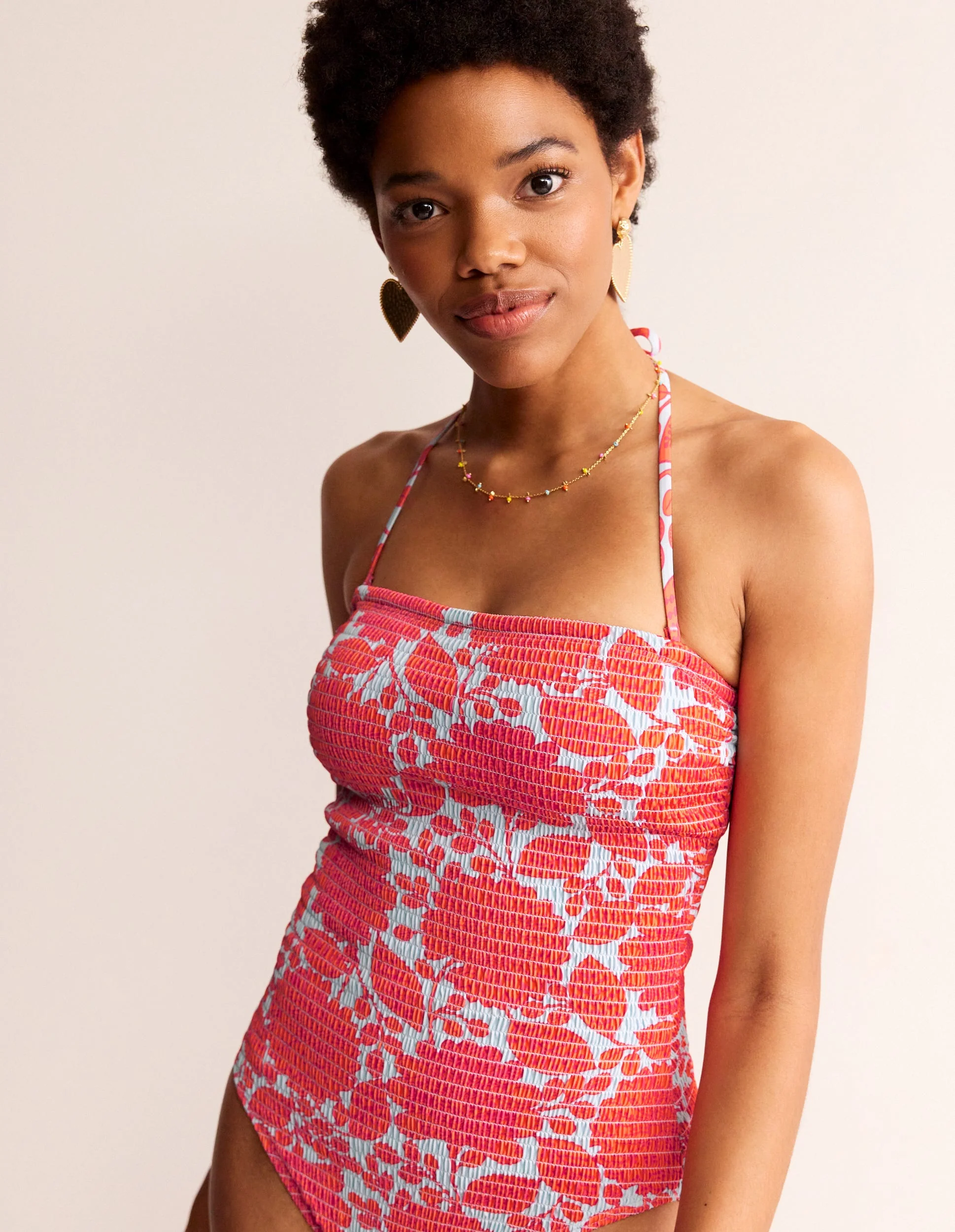 Milos Smocked Bandeau Swimsuit-Fire Cracker, Gardenia Swirl - Image 4