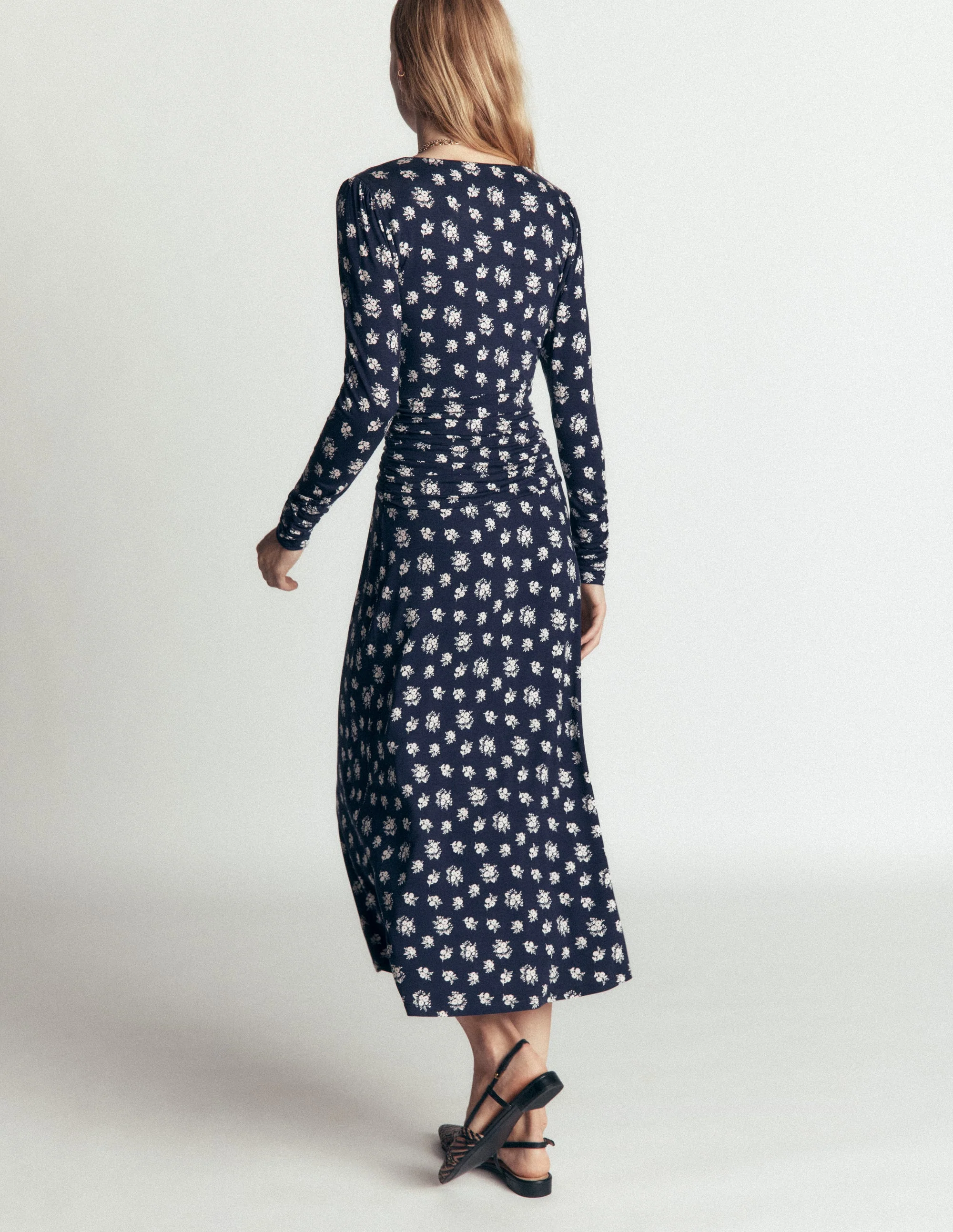 Mya Ruched Jersey Midi Dress-French Navy, Delicate Garden - Image 3