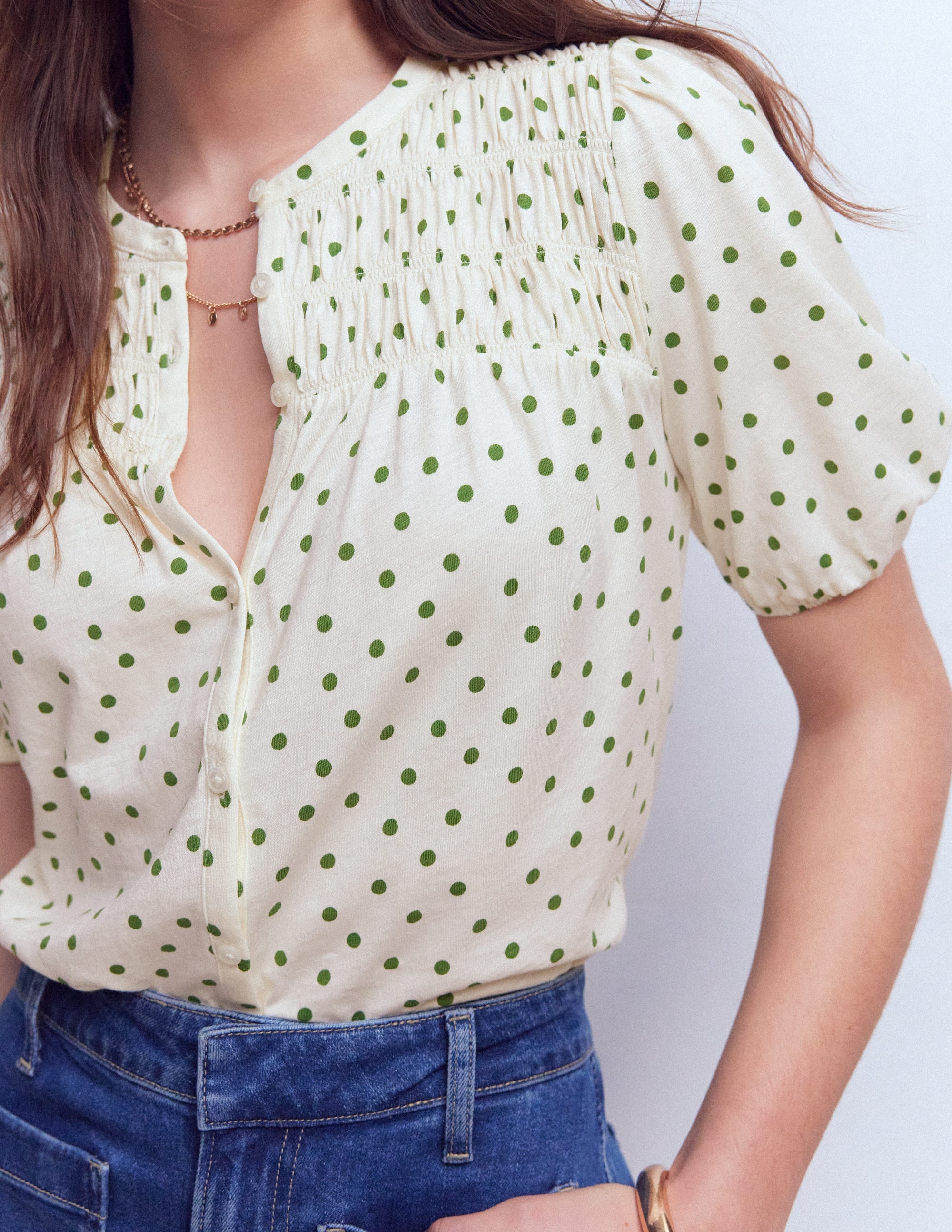 Mya Short Sleeve Smocked Shirt-Papyrus, Painted Dot - Image 2