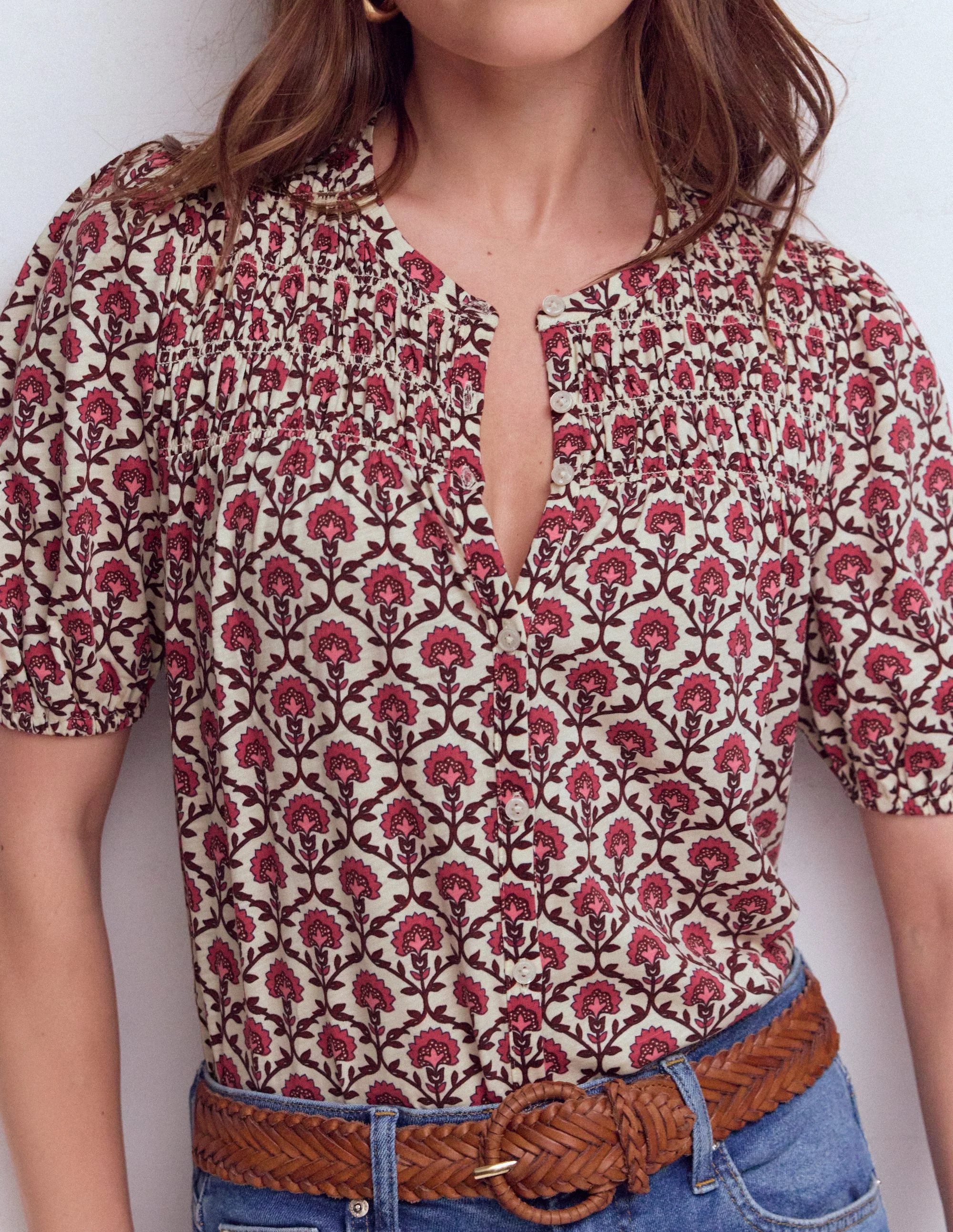 Mya Short Sleeve Smocked Shirt-Strawberry Pink,Flower Lattice - Image 2