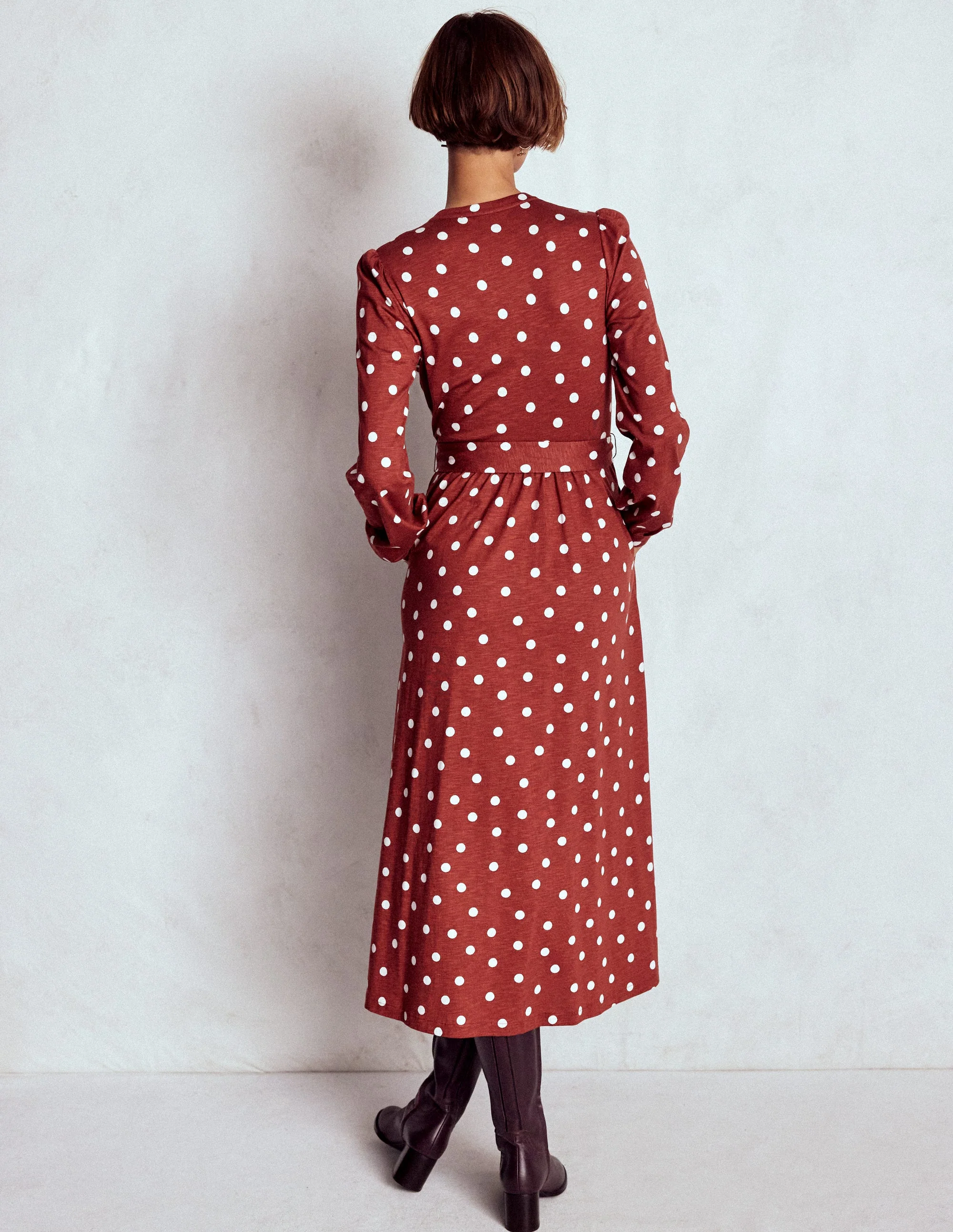 Naomi Long Sleeve Jersey Dress-Burnt Orange, Painted Dot - Image 3