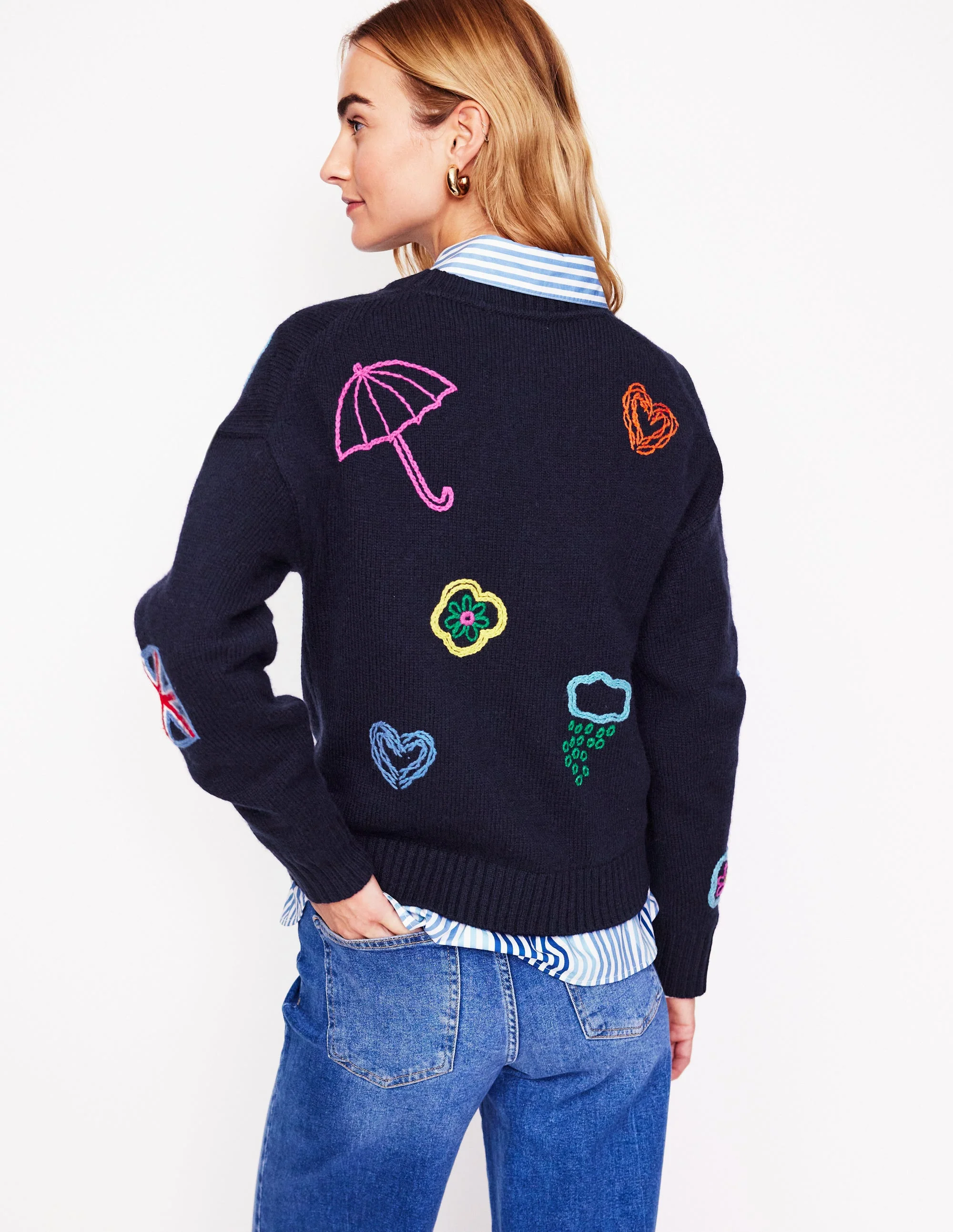 Natalie Embroidered Jumper-Navy, British Icons - Image 3