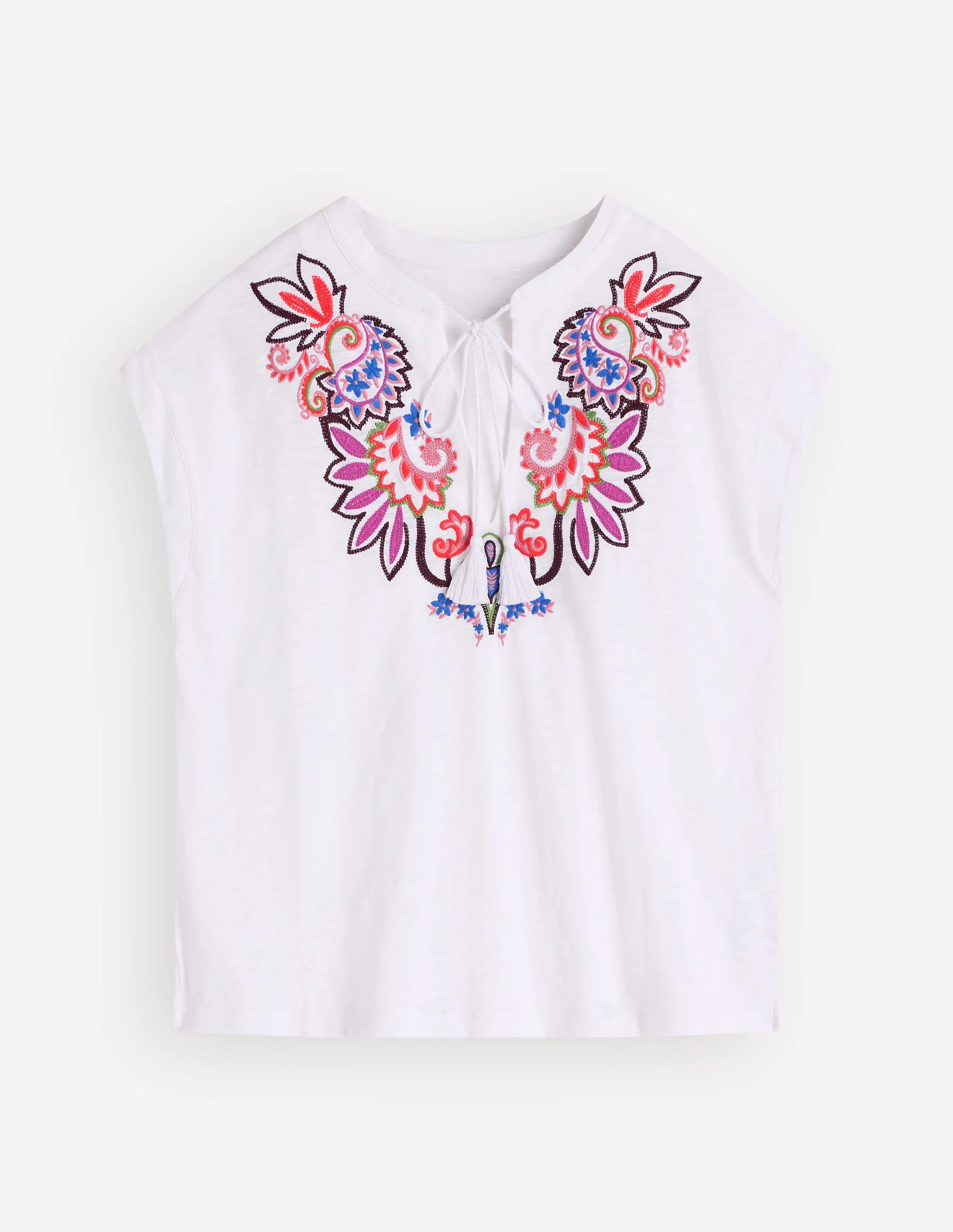 Nina Embroidered Notch T-shirt-White - Multi Embroidery - Image 6