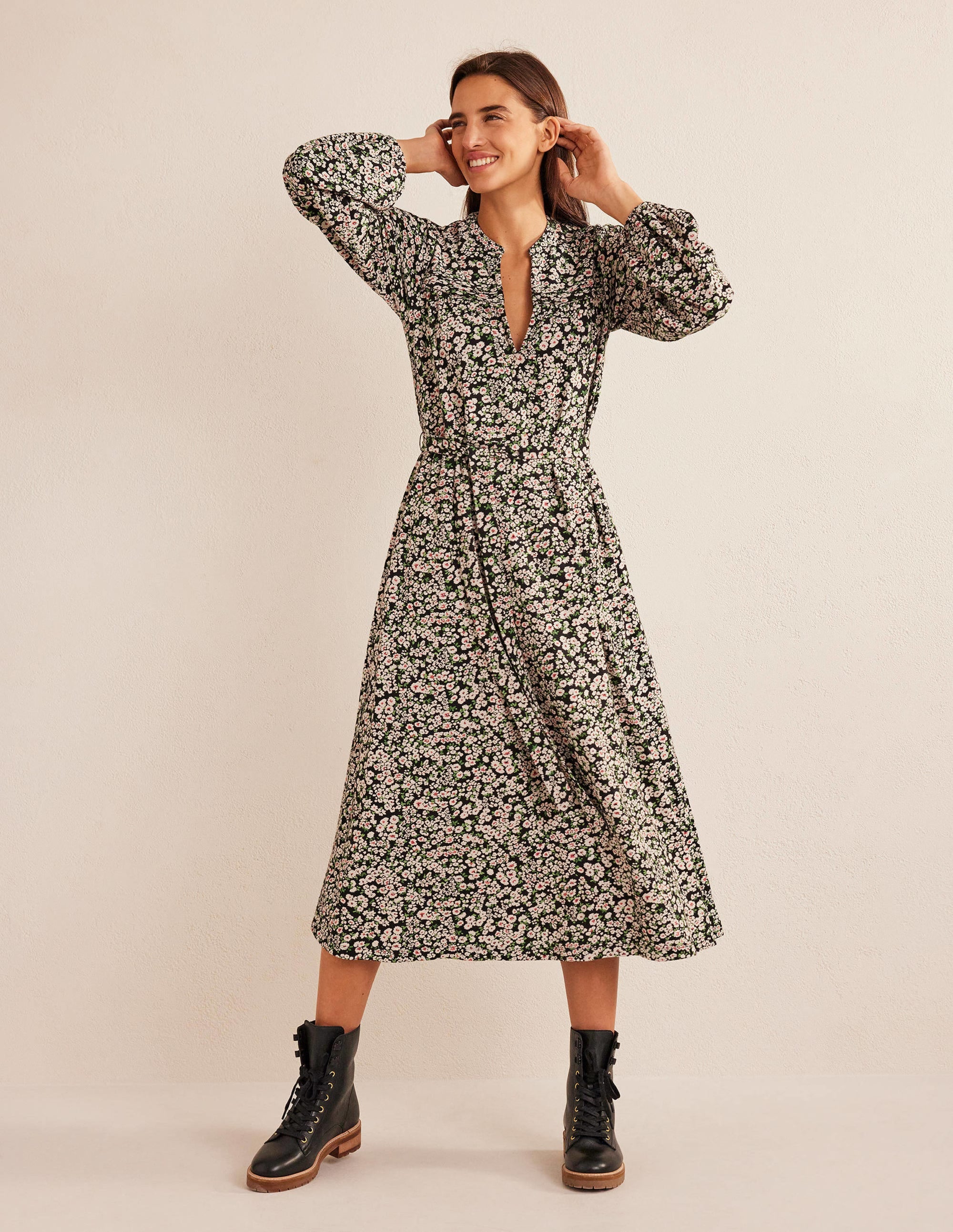 Notch Neck Jersey Midi Dress-Black, Heart Bloom